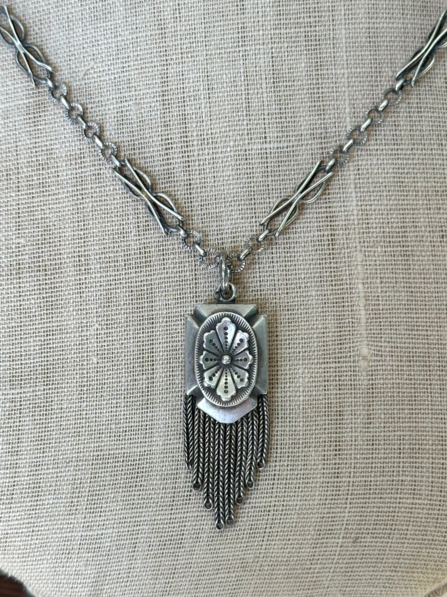 Antique French Silver Necklace With Ornate Chain, Fob And Tassle