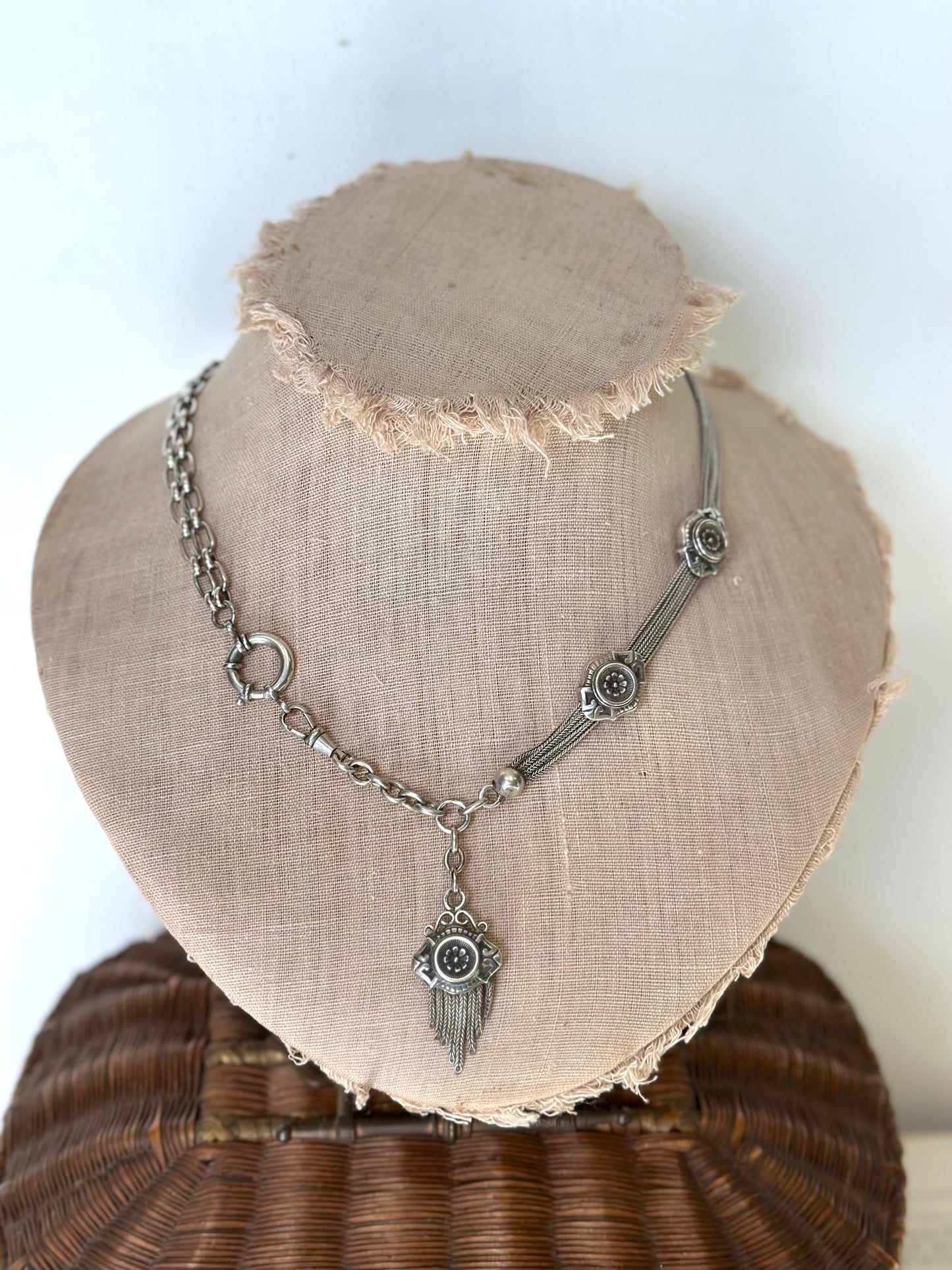 Antique French Silver Necklace With Floral Fob Chain And Sliders