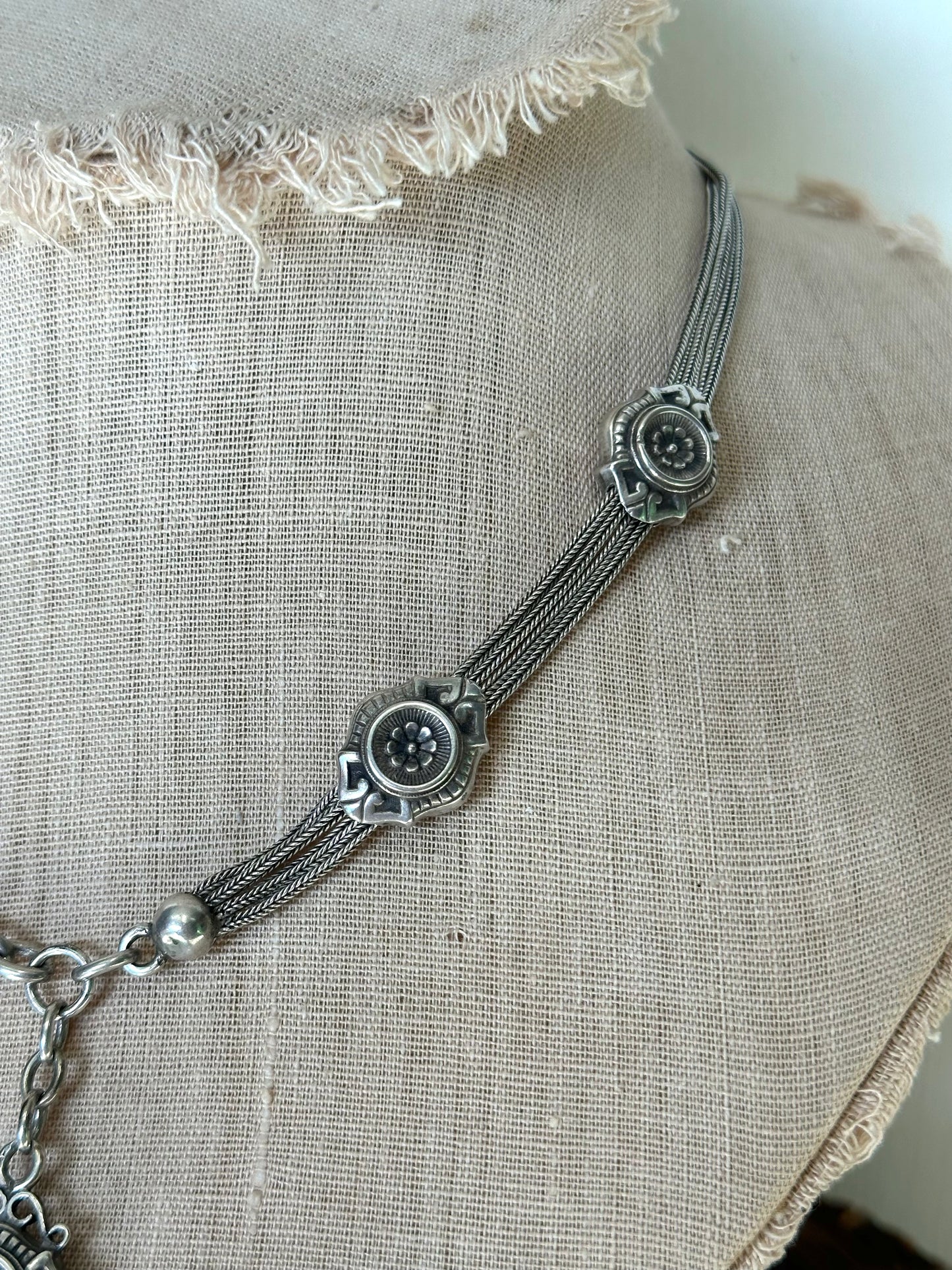Antique French Silver Necklace With Floral Fob Chain And Sliders