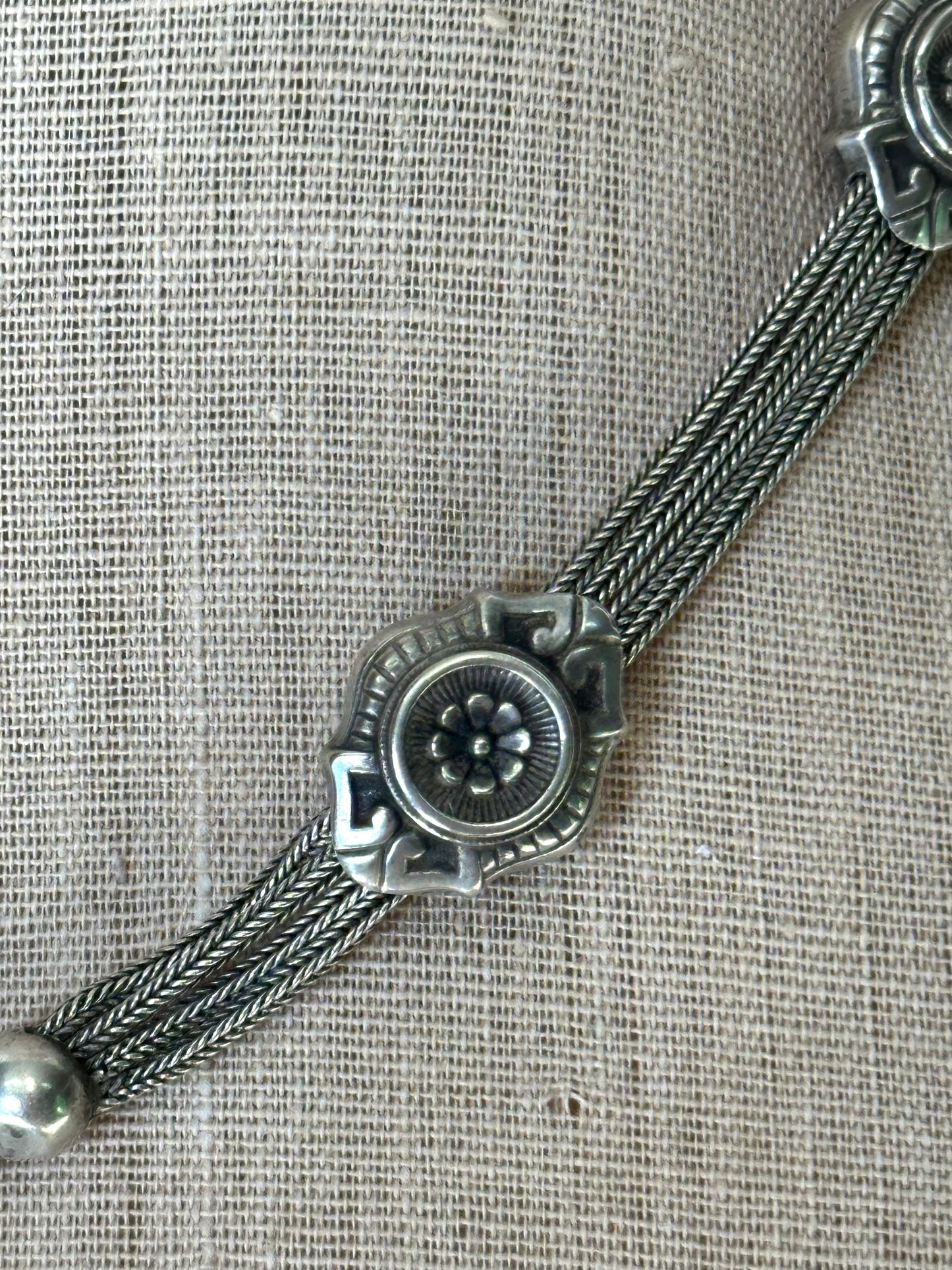 Antique French Silver Necklace With Floral Fob Chain And Sliders