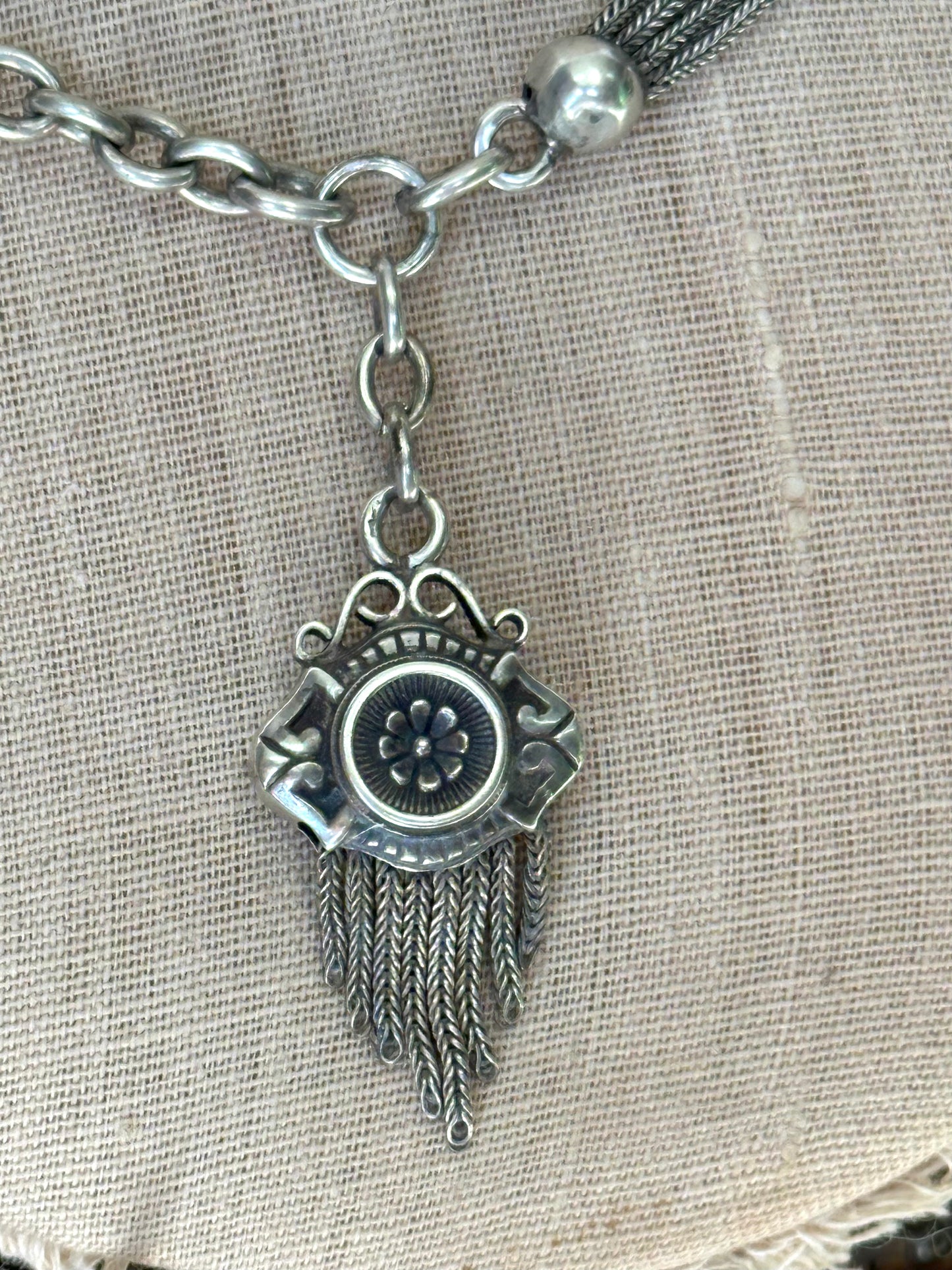 Antique French Silver Necklace With Floral Fob Chain And Sliders