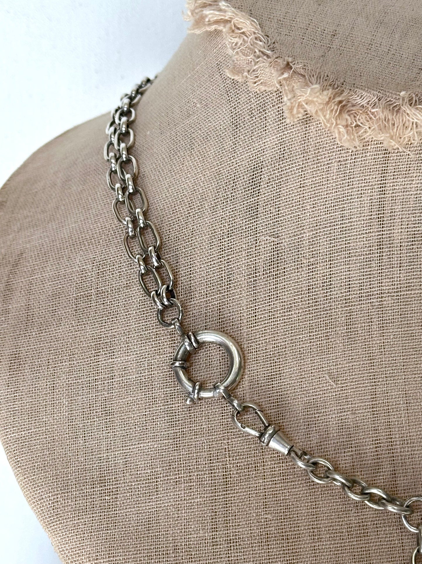 Antique French Silver Necklace With Floral Fob Chain And Sliders