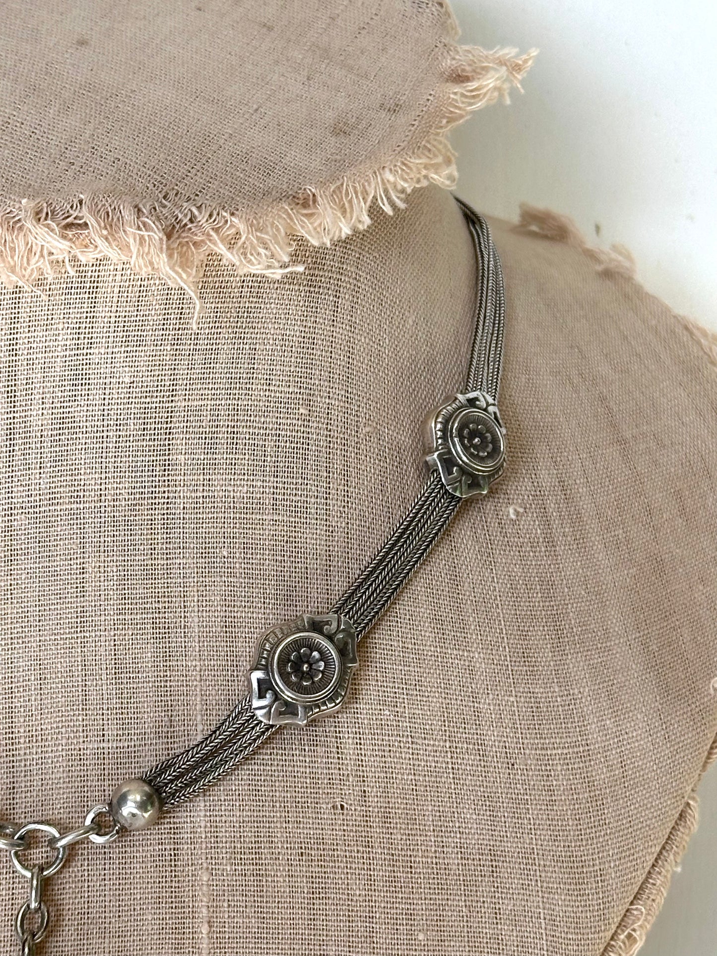 Antique French Silver Necklace With Floral Fob Chain And Sliders