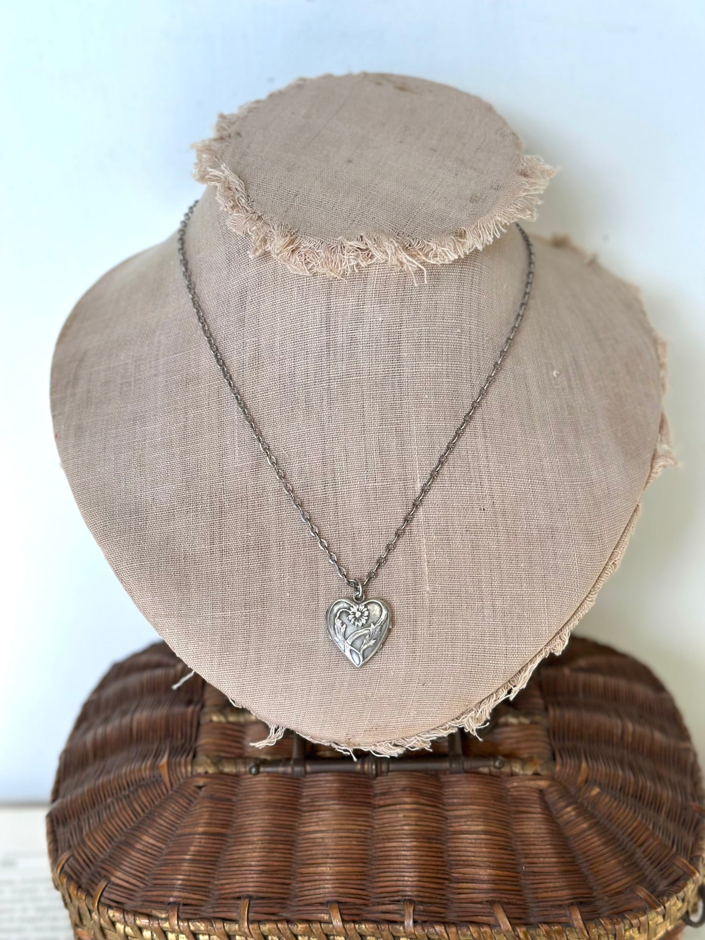 Antique French Ornate Silver Necklace With Floral Heart Locket