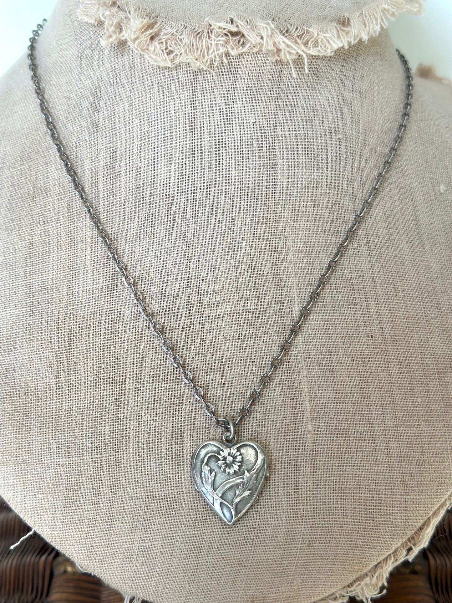 Antique French Ornate Silver Necklace With Floral Heart Locket