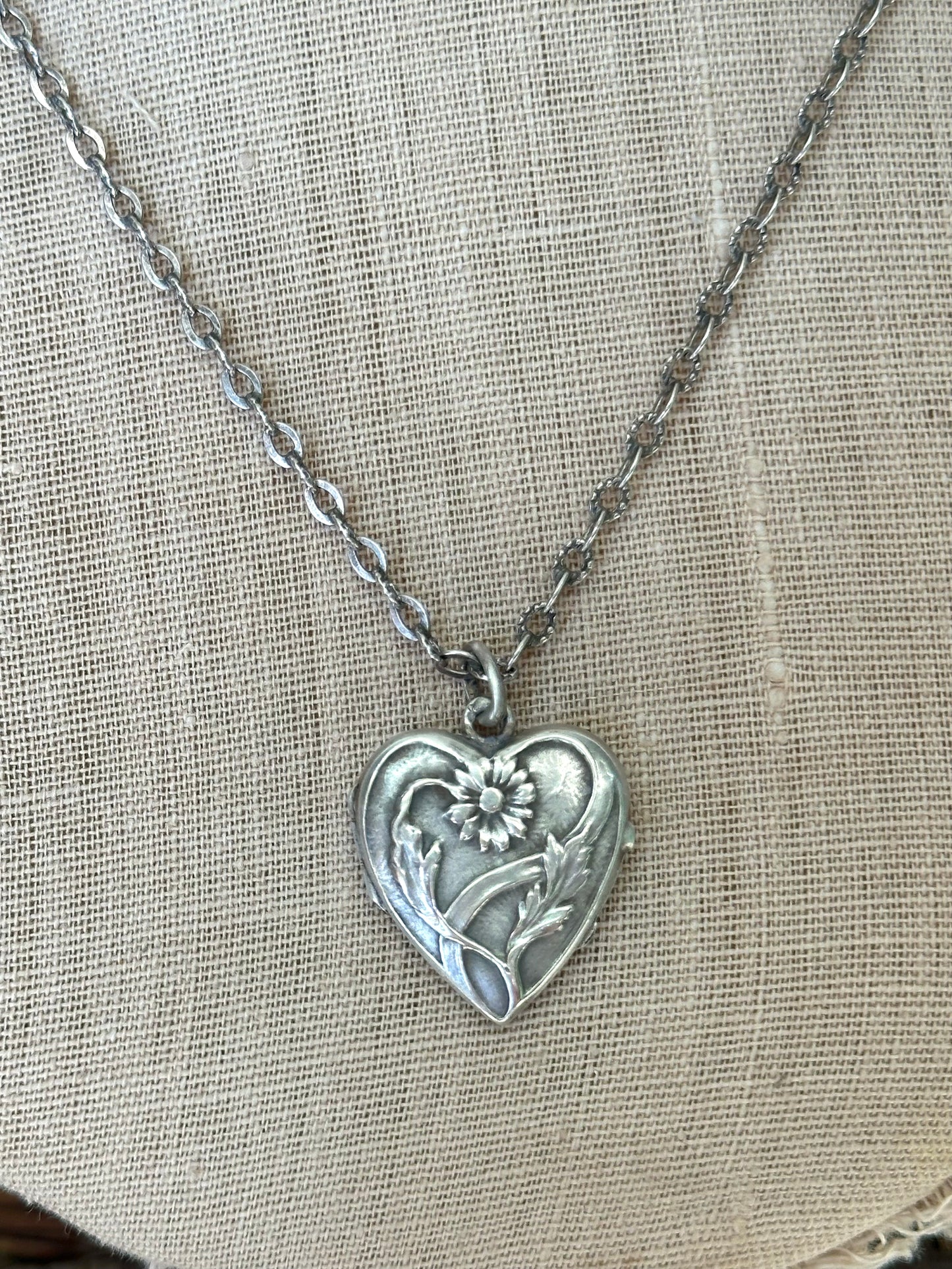 Antique French Ornate Silver Necklace With Floral Heart Locket