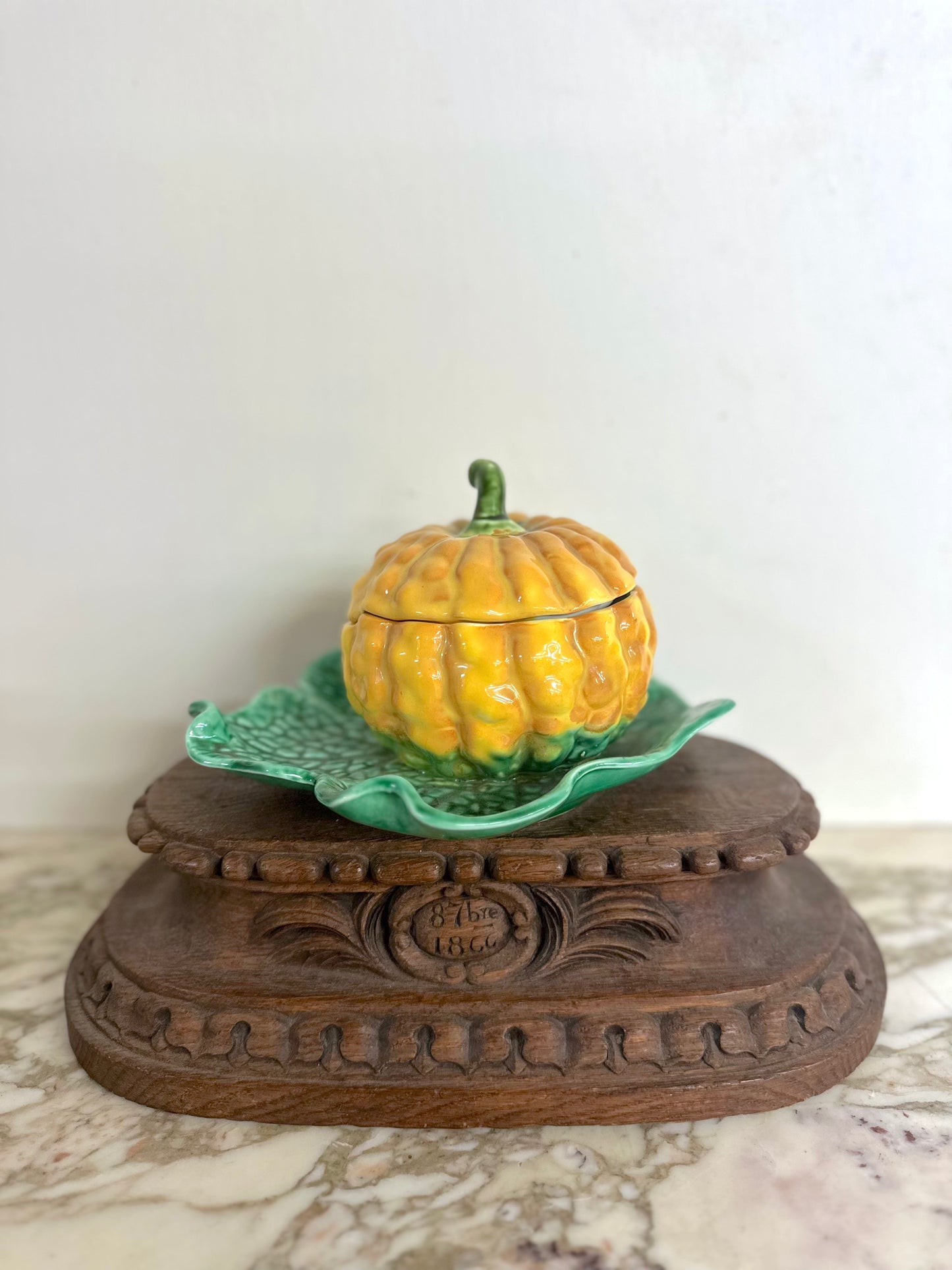 Vintage French Small Pumpkin Tureen On Leaf Plate