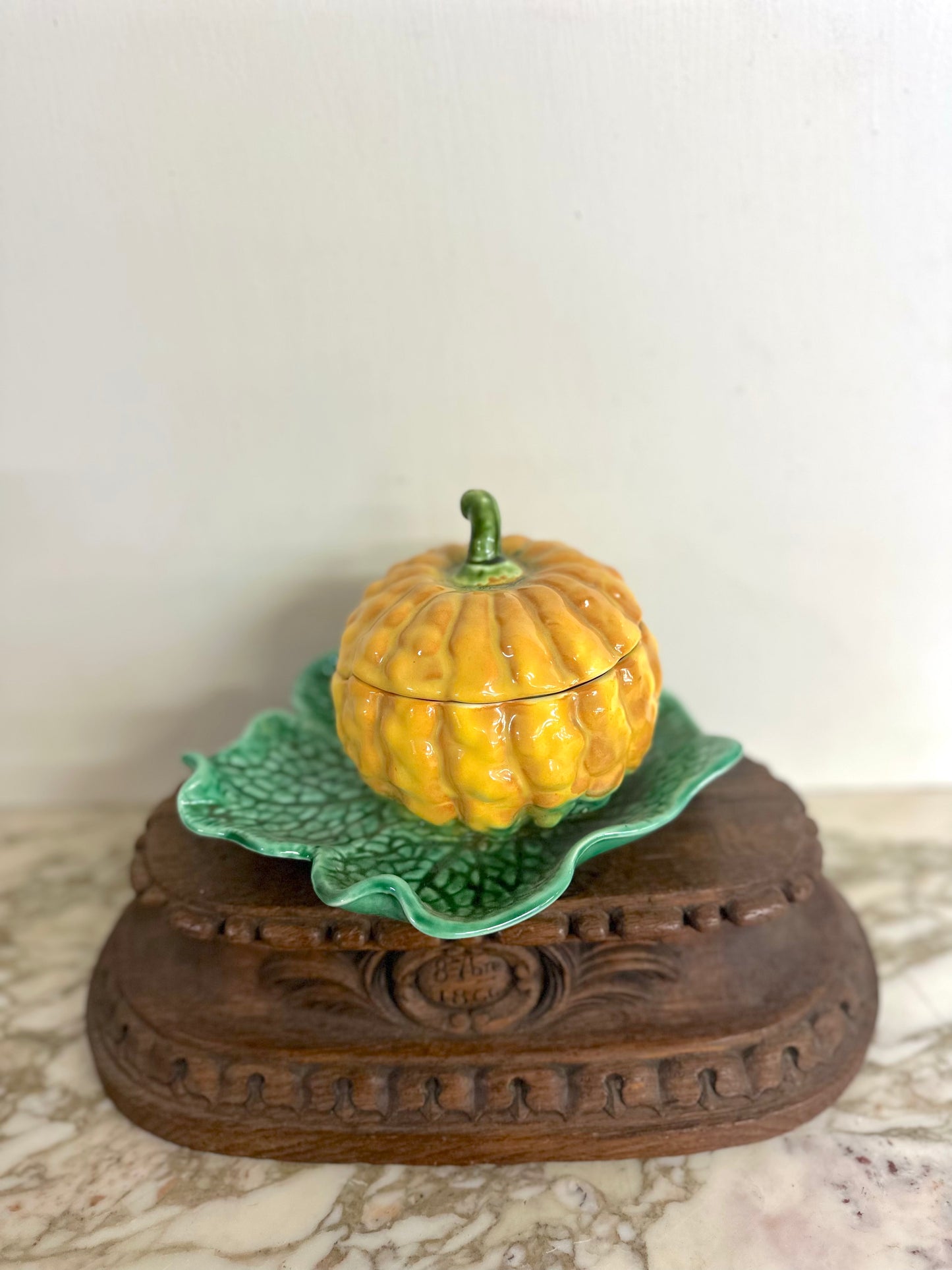 Vintage French Small Pumpkin Tureen On Leaf Plate