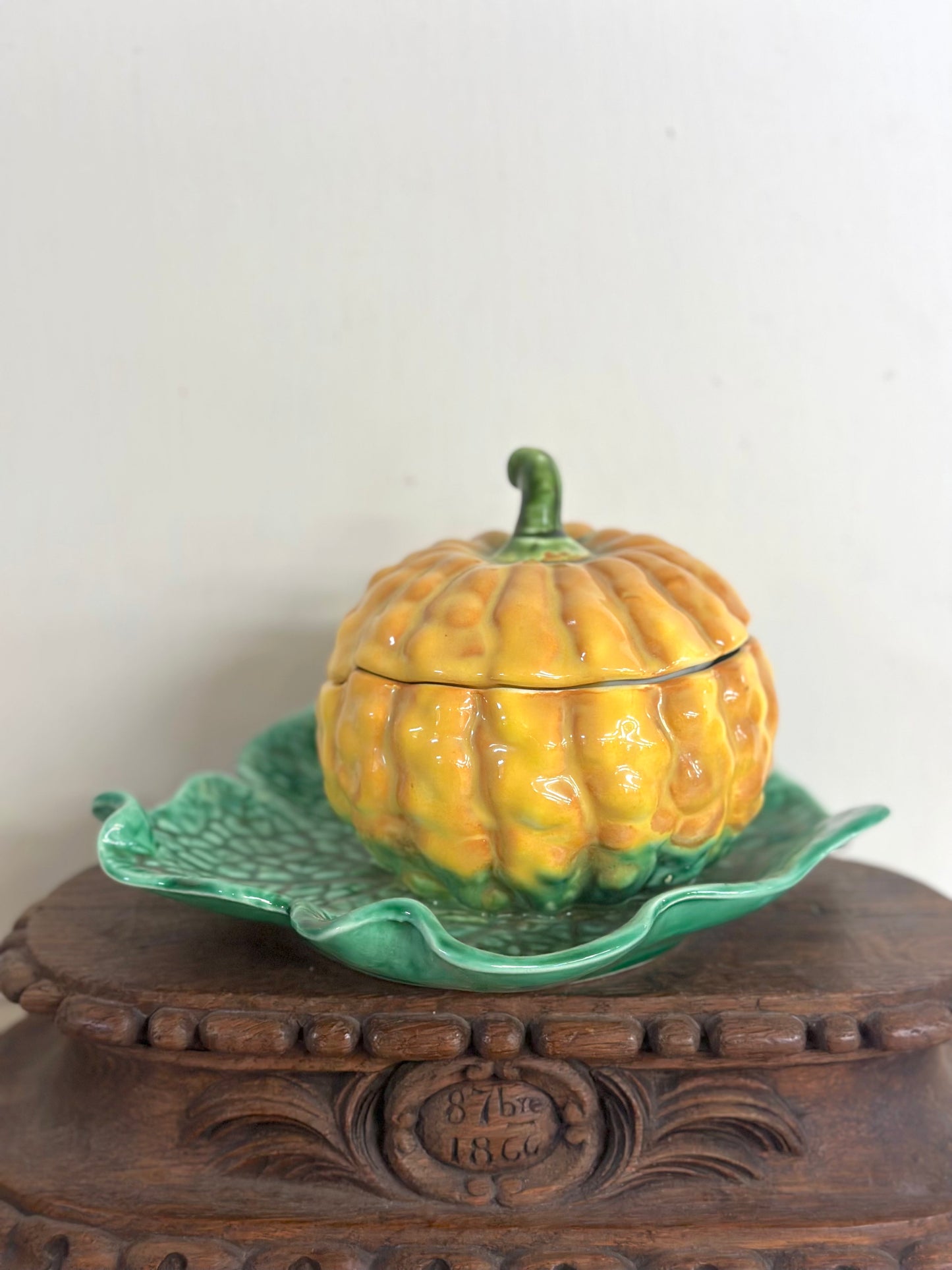 Vintage French Small Pumpkin Tureen On Leaf Plate