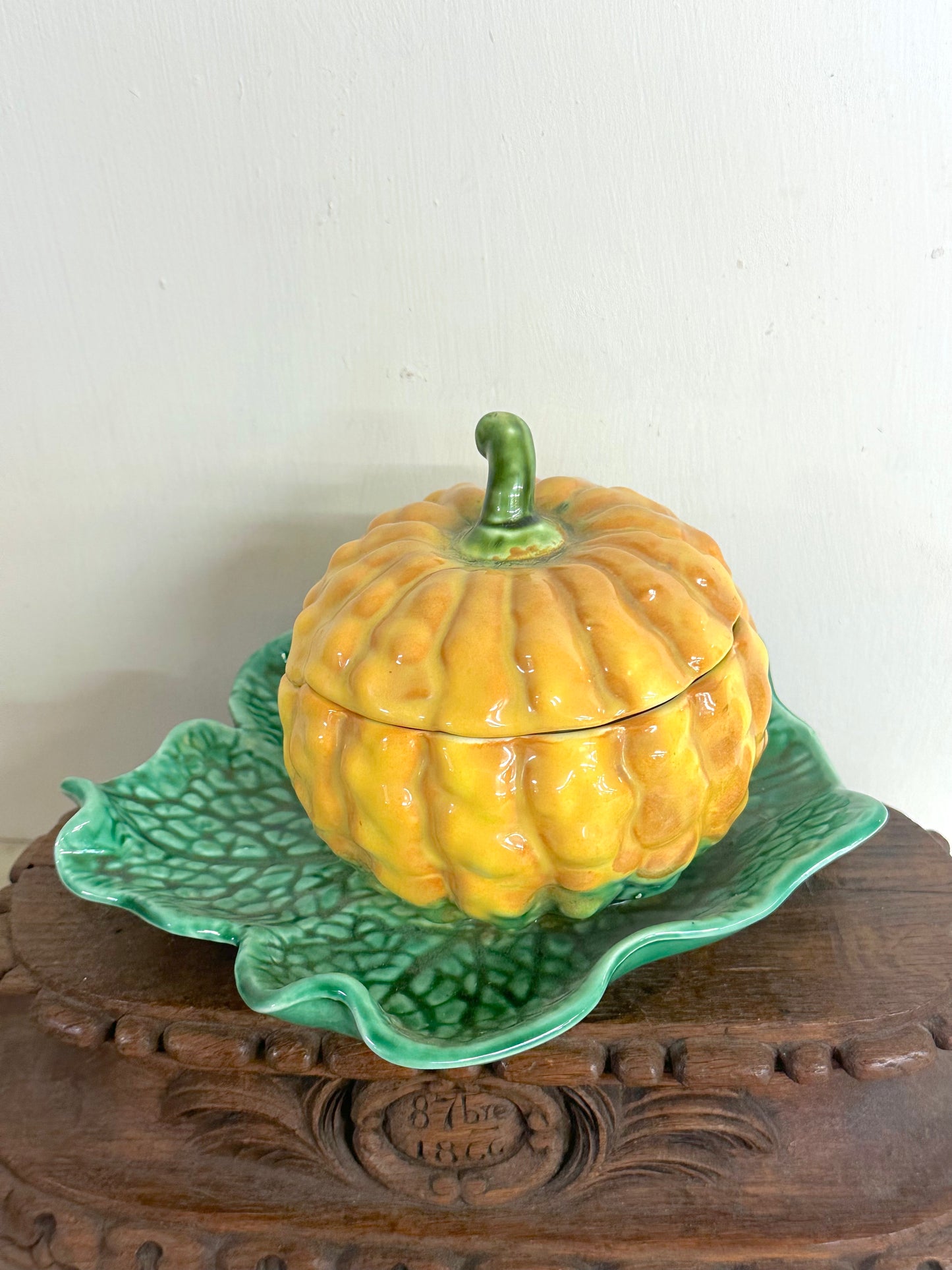 Vintage French Small Pumpkin Tureen On Leaf Plate