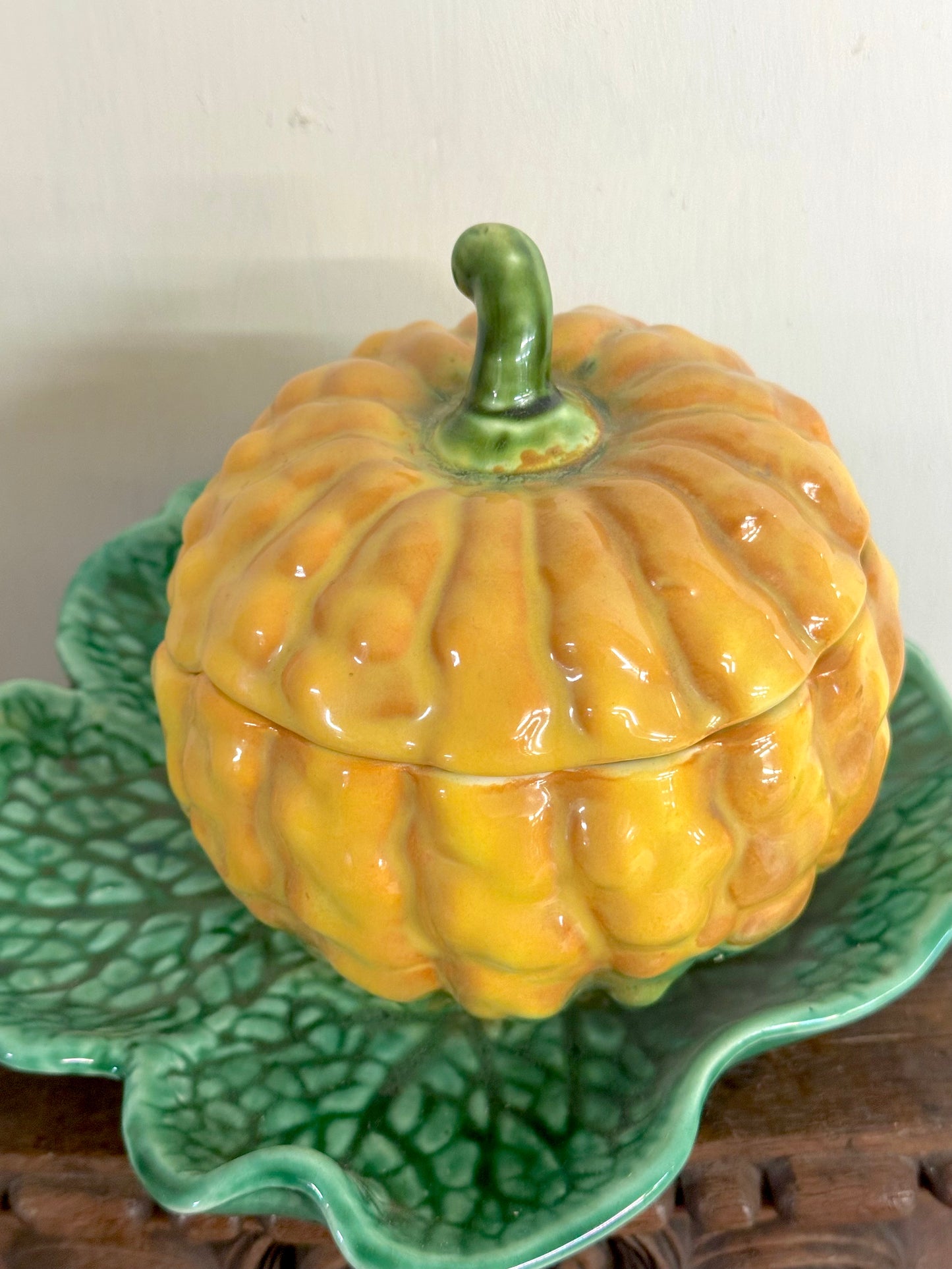 Vintage French Small Pumpkin Tureen On Leaf Plate