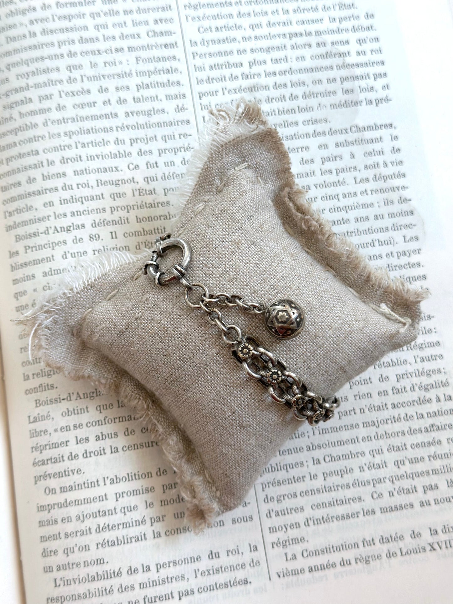 Antique French Bracelet With Silver Flower Chain And Ball Fob Charm