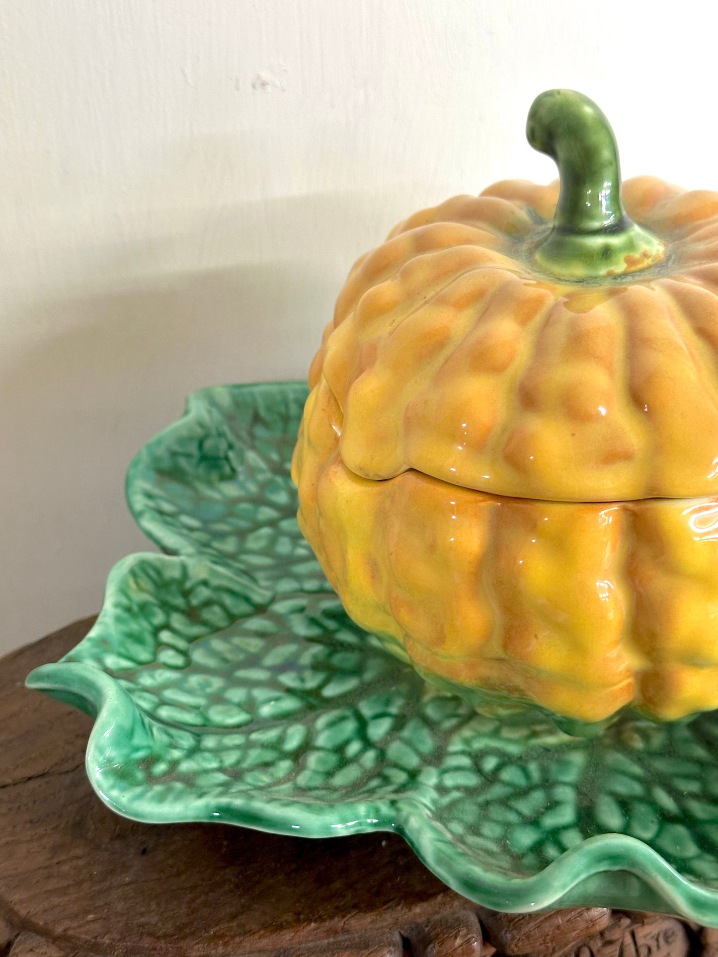 Vintage French Small Pumpkin Tureen On Leaf Plate