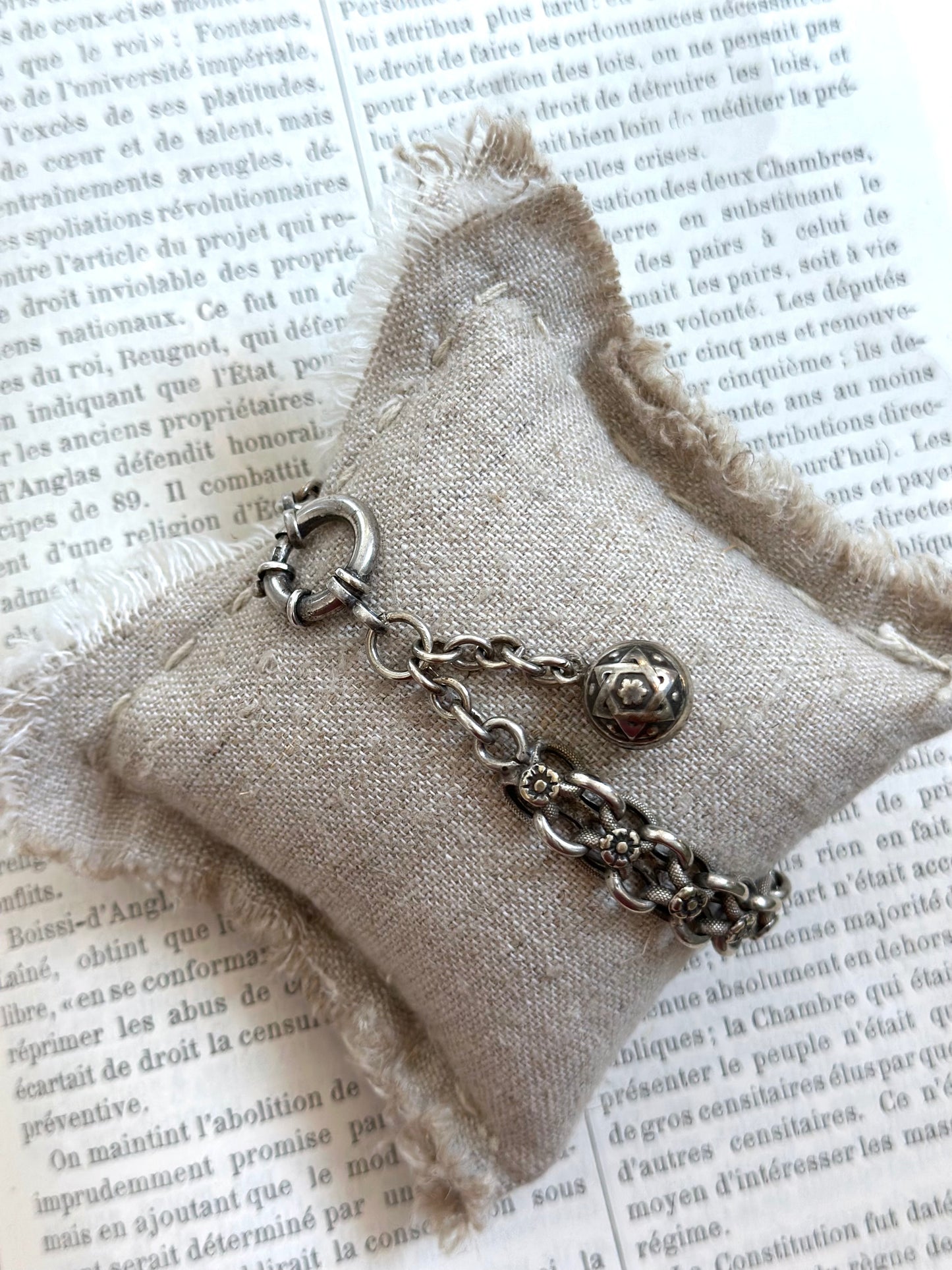 Antique French Bracelet With Silver Flower Chain And Ball Fob Charm