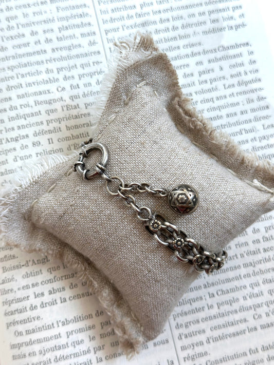 Antique French Bracelet With Silver Flower Chain And Ball Fob Charm