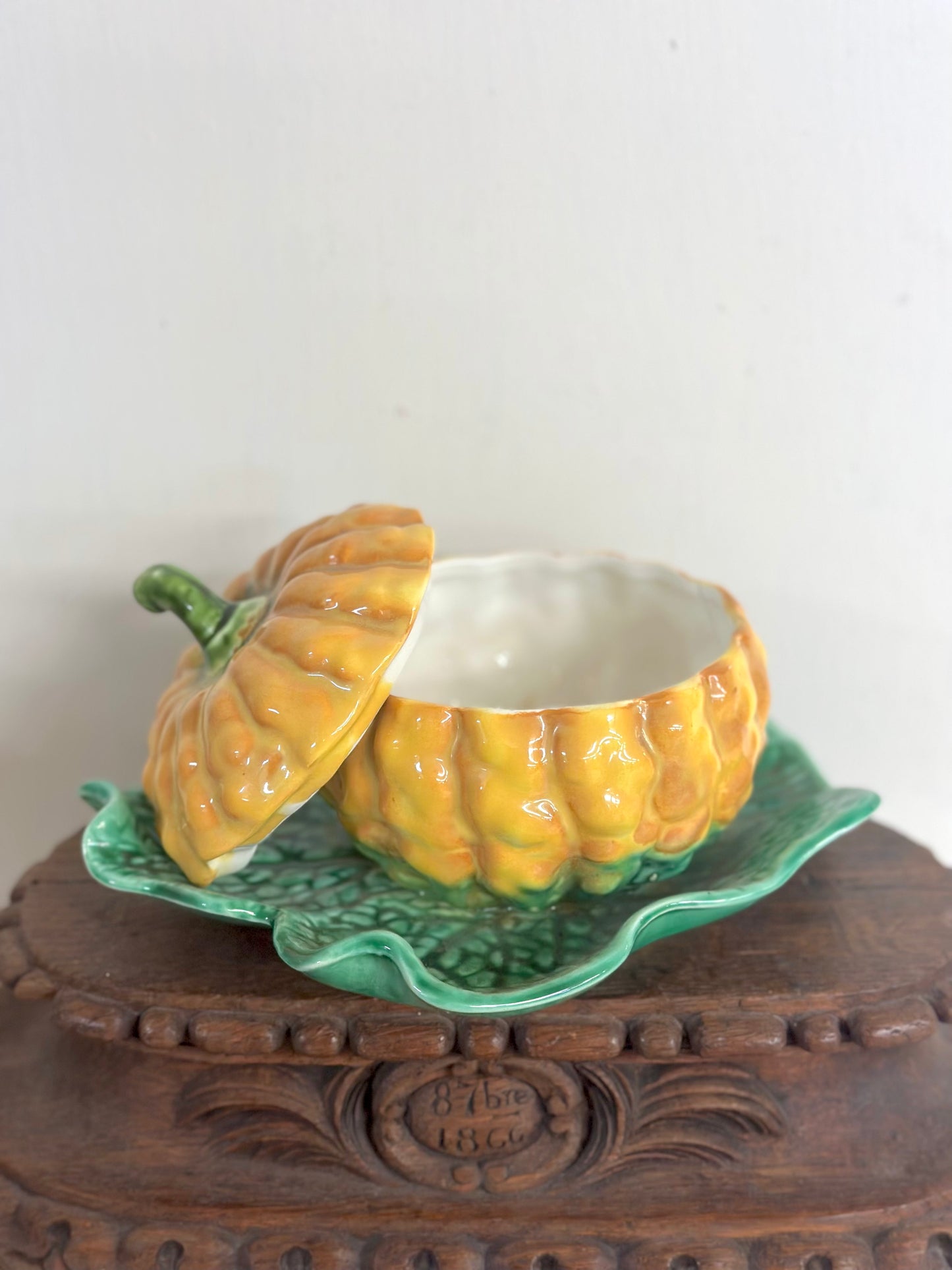 Vintage French Small Pumpkin Tureen On Leaf Plate