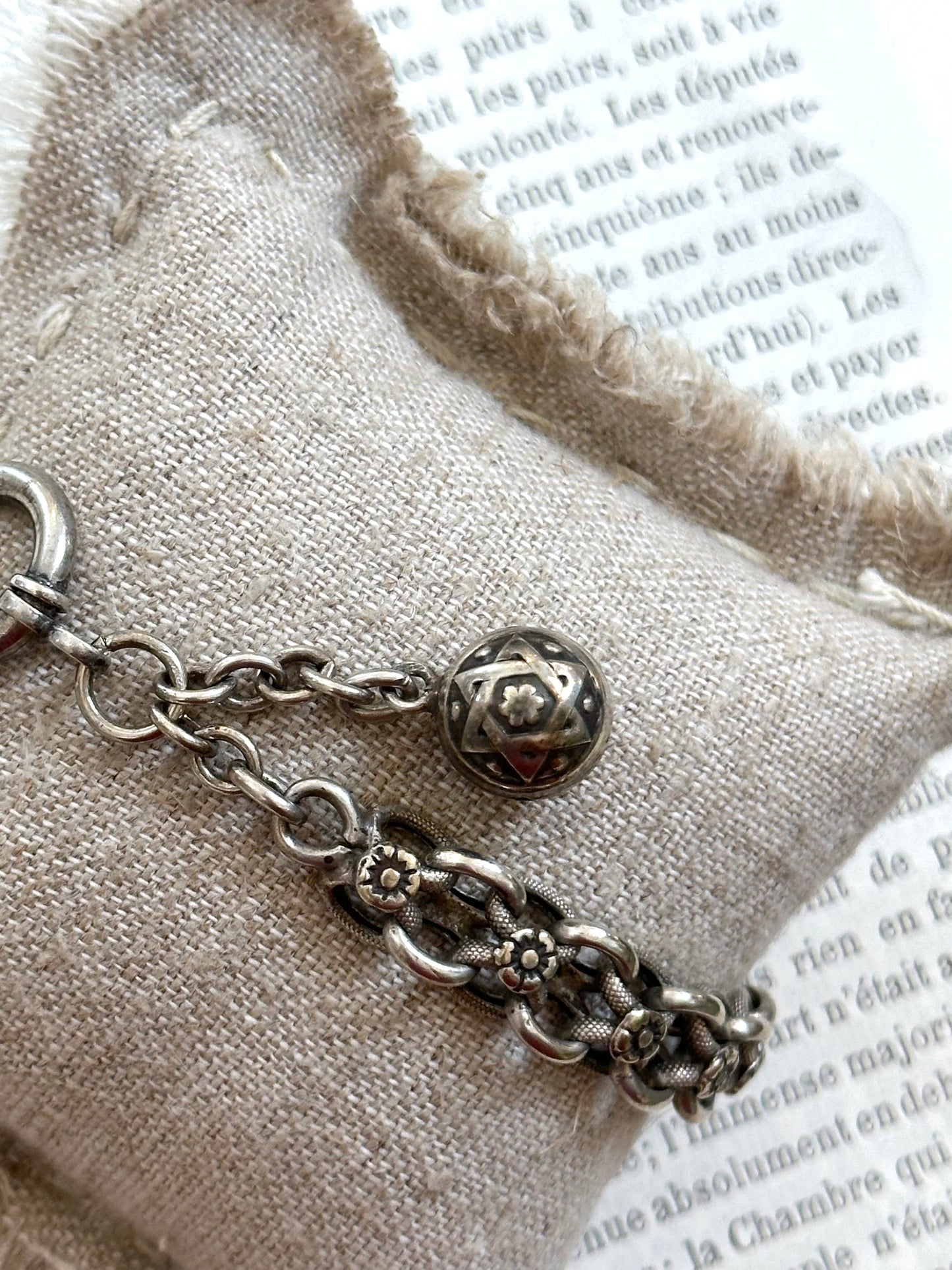 Antique French Bracelet With Silver Flower Chain And Ball Fob Charm