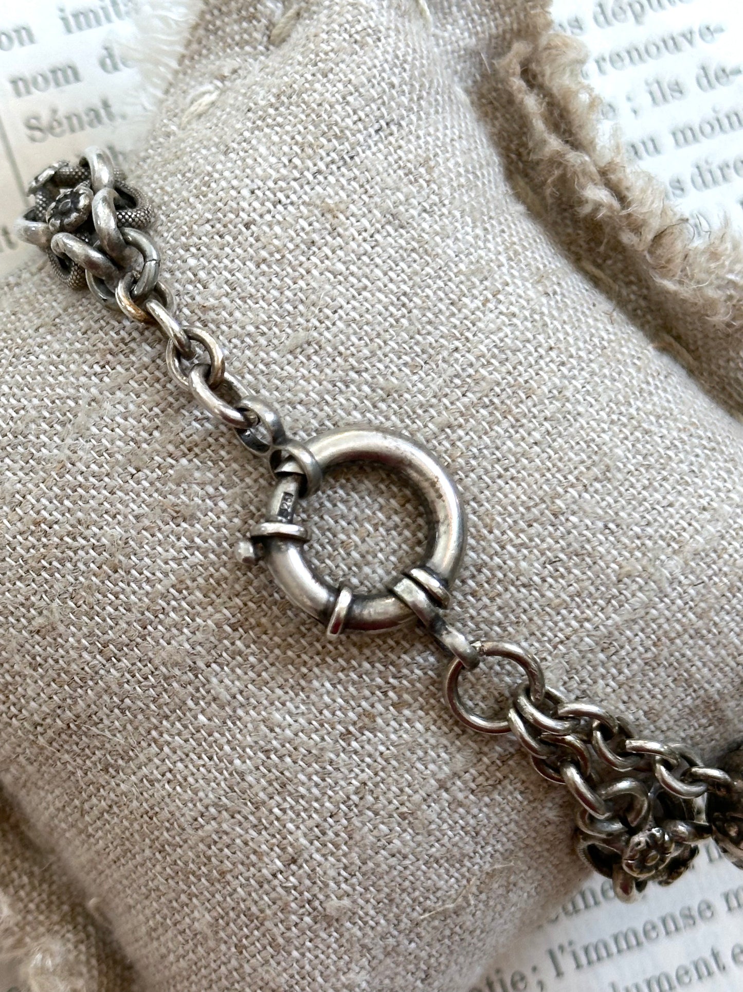 Antique French Bracelet With Silver Flower Chain And Ball Fob Charm