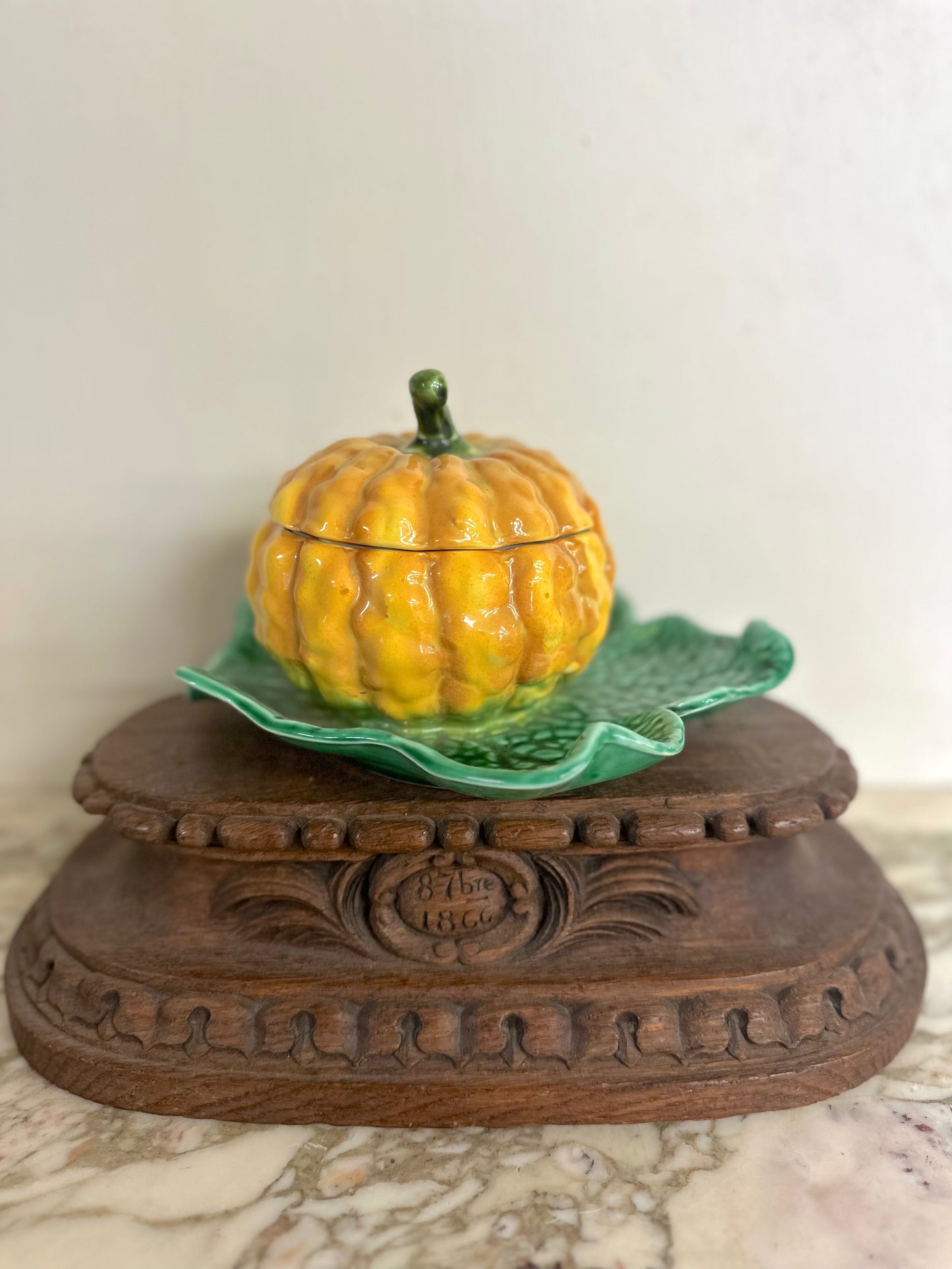 Vintage French Small Pumpkin Tureen On Leaf Plate