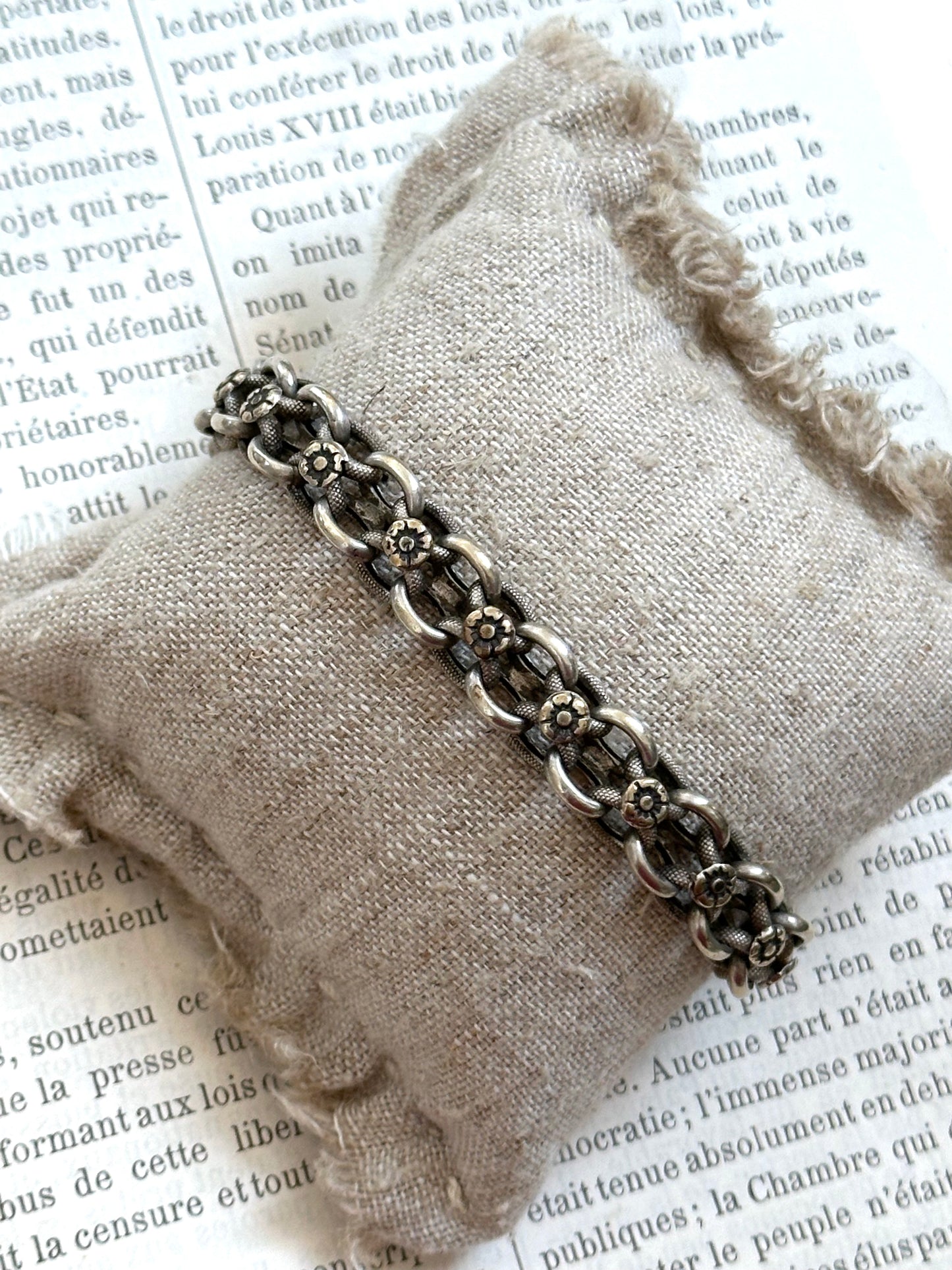 Antique French Bracelet With Silver Flower Chain And Ball Fob Charm