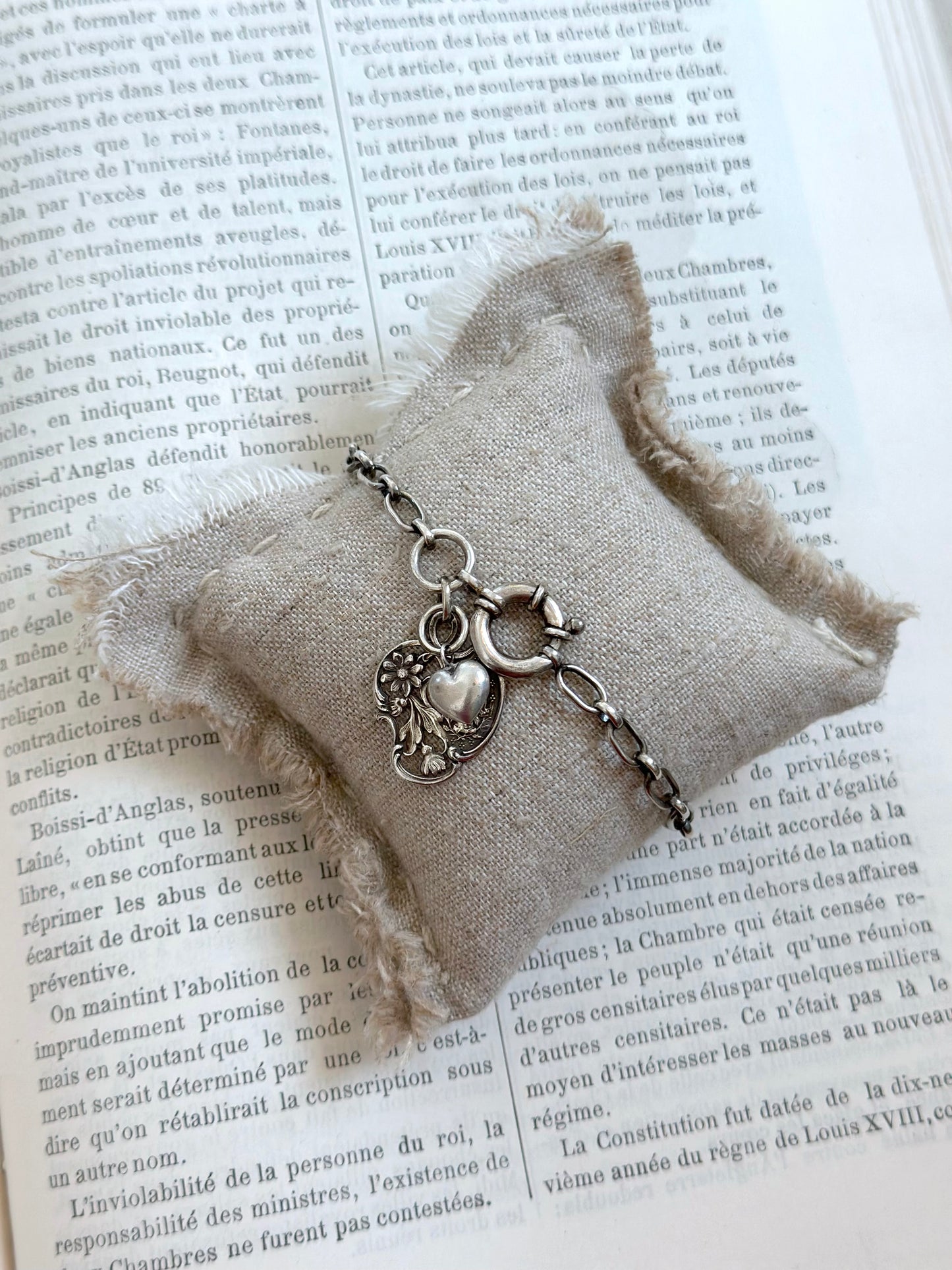 Antique French Silver Bracelet With Lourdes Medal And Heart Charm