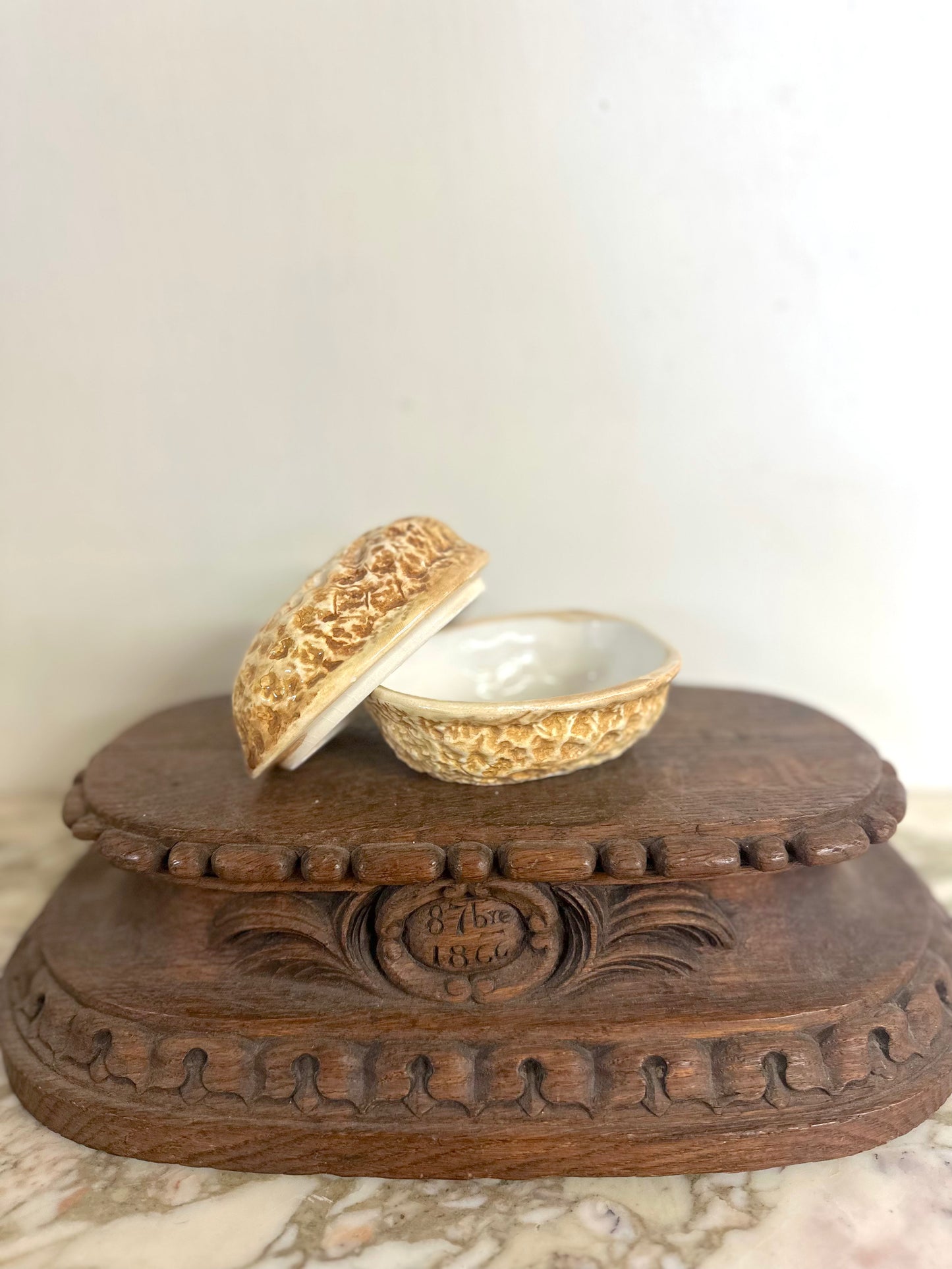 Vintage European Ceramic Walnut Shaped Box