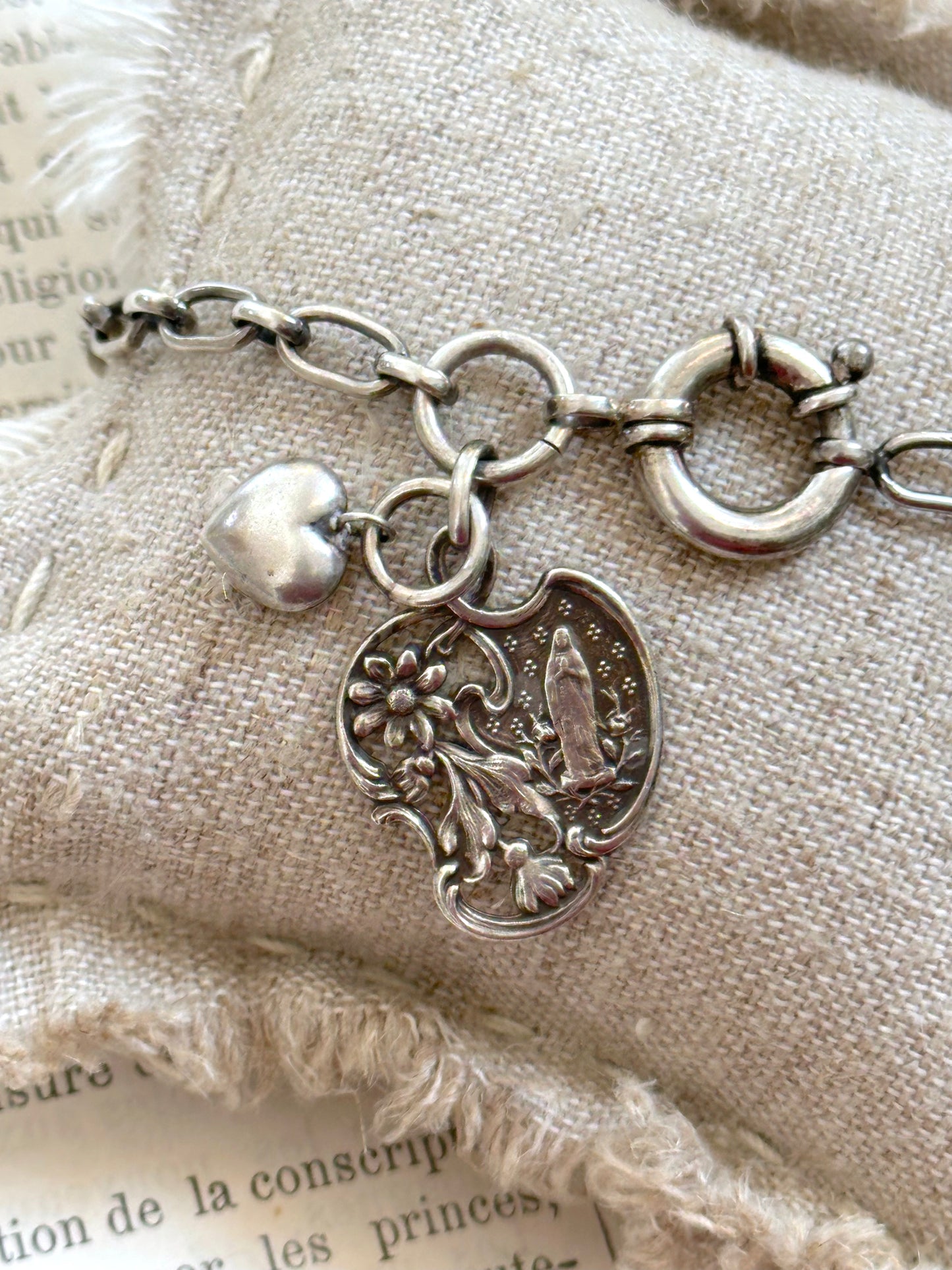 Antique French Silver Bracelet With Lourdes Medal And Heart Charm