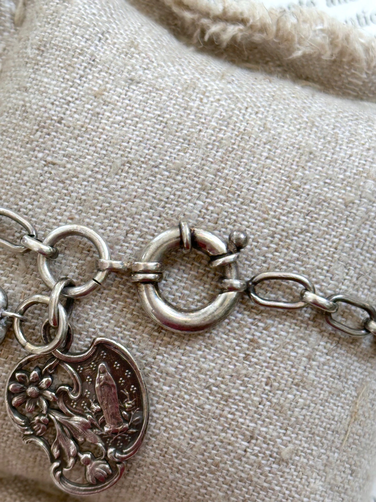 Antique French Silver Bracelet With Lourdes Medal And Heart Charm