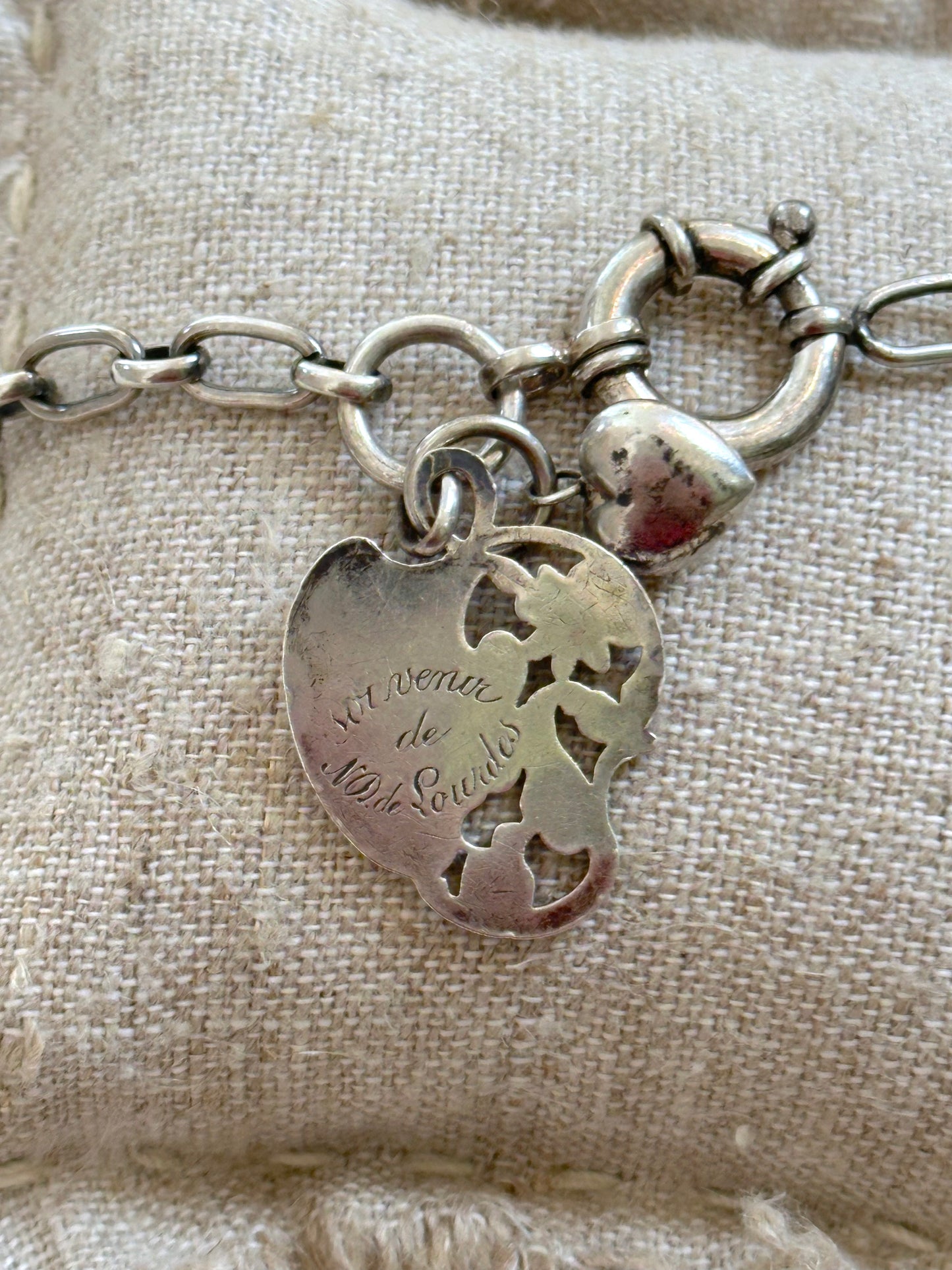 Antique French Silver Bracelet With Lourdes Medal And Heart Charm