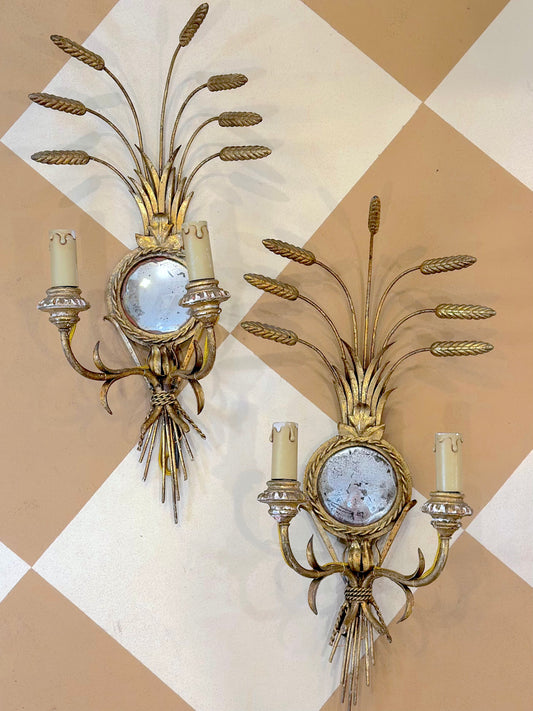 Antique French Pair Of Gilt Wheat Wall Sconces