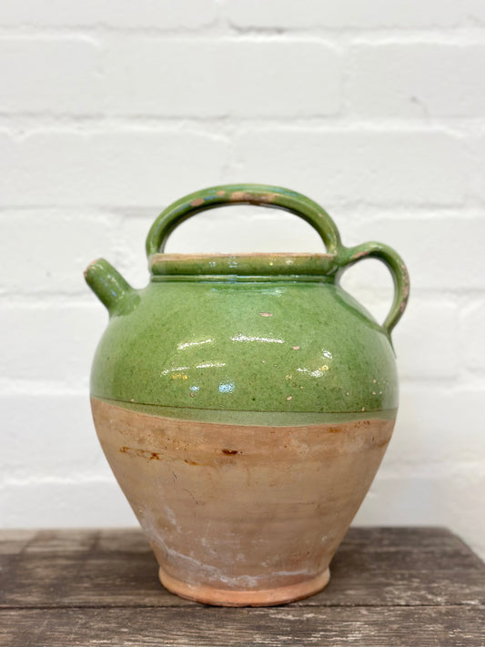 Antique French Green Glazed Confit Pot With Handle