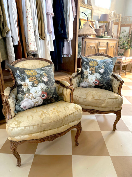 Pair of Antique French Tub Chairs with Silk Damask Upholstery