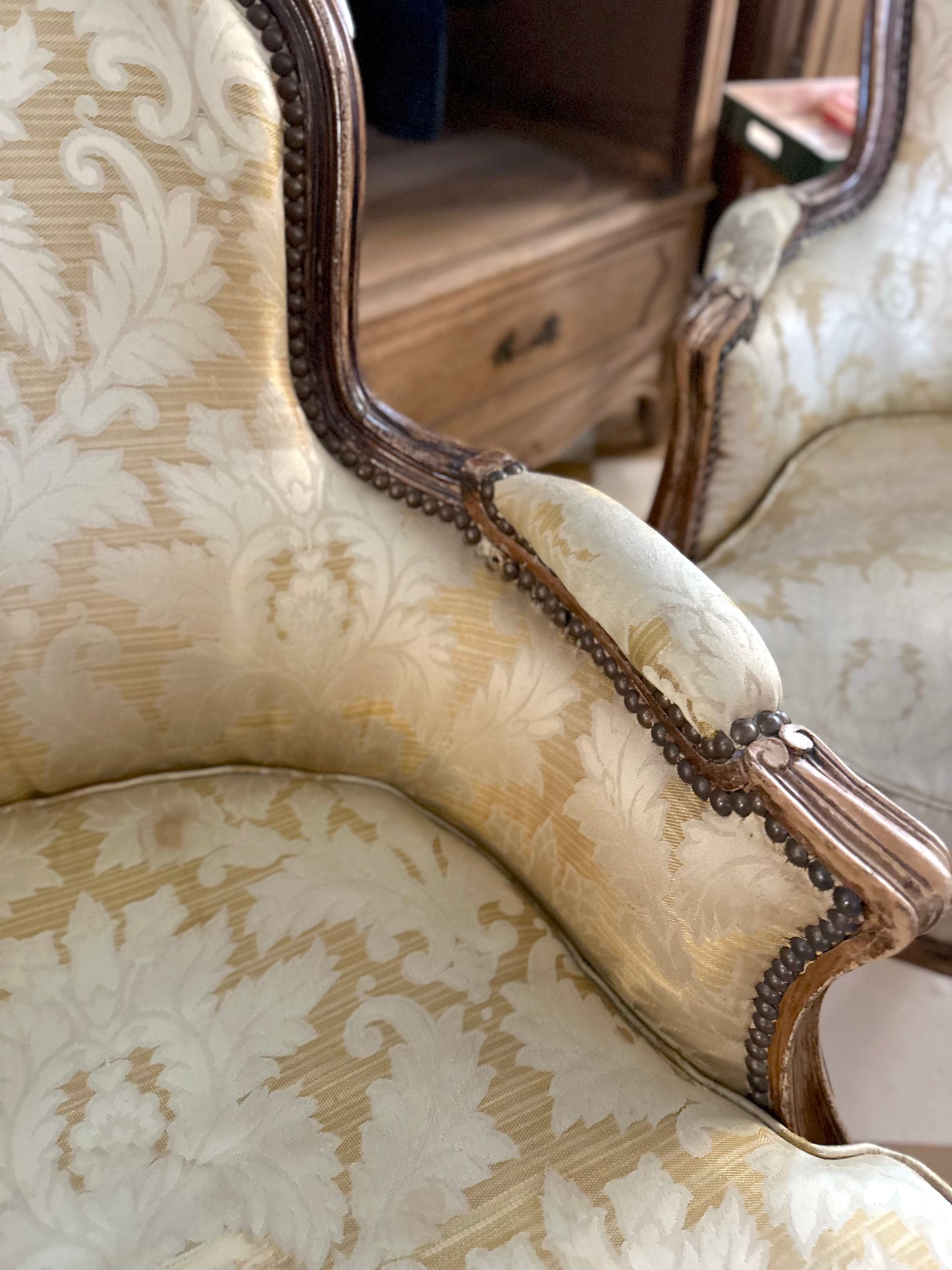 Pair of Antique French Tub Chairs with Silk Damask Upholstery