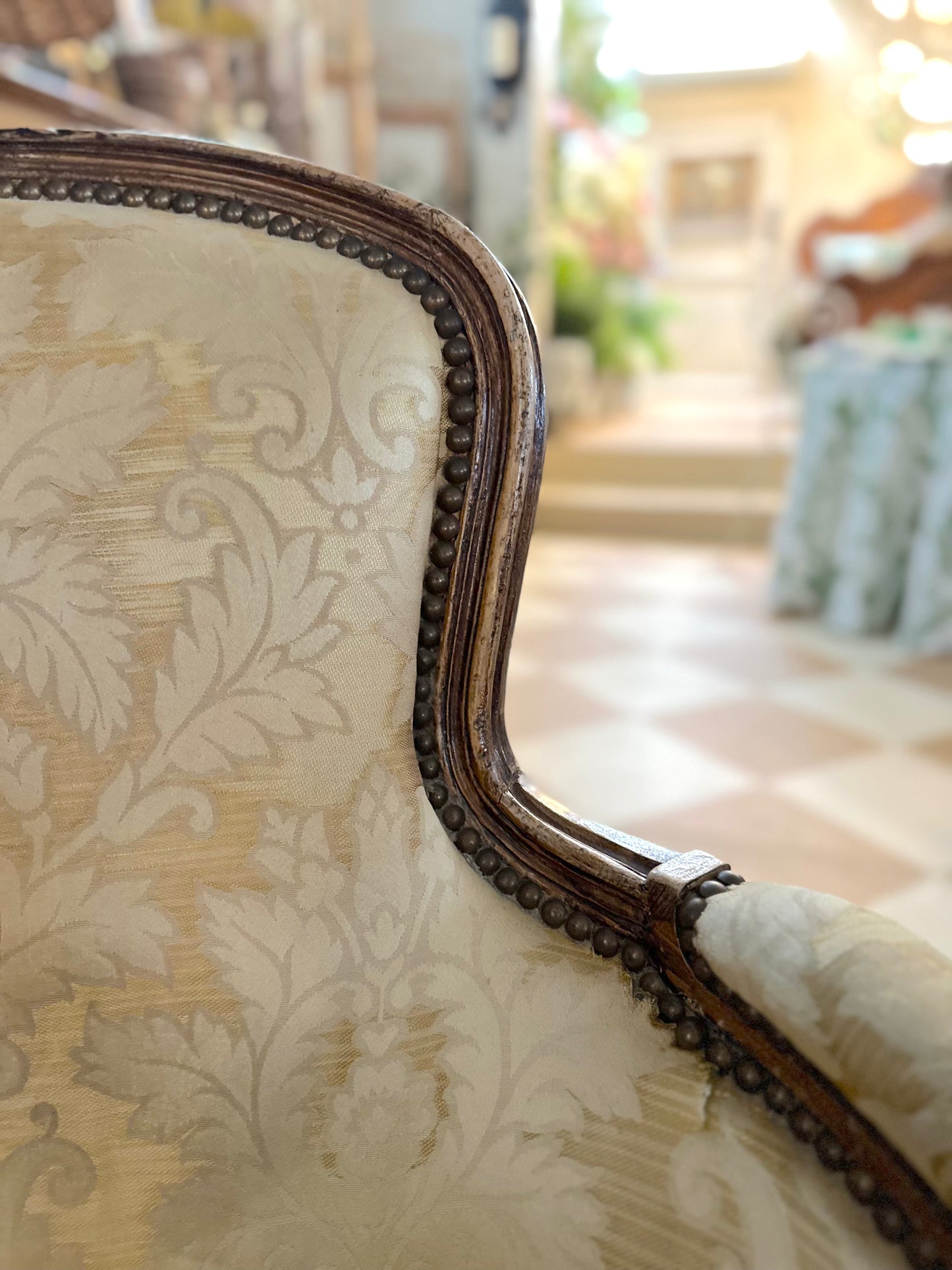 Pair of Antique French Tub Chairs with Silk Damask Upholstery