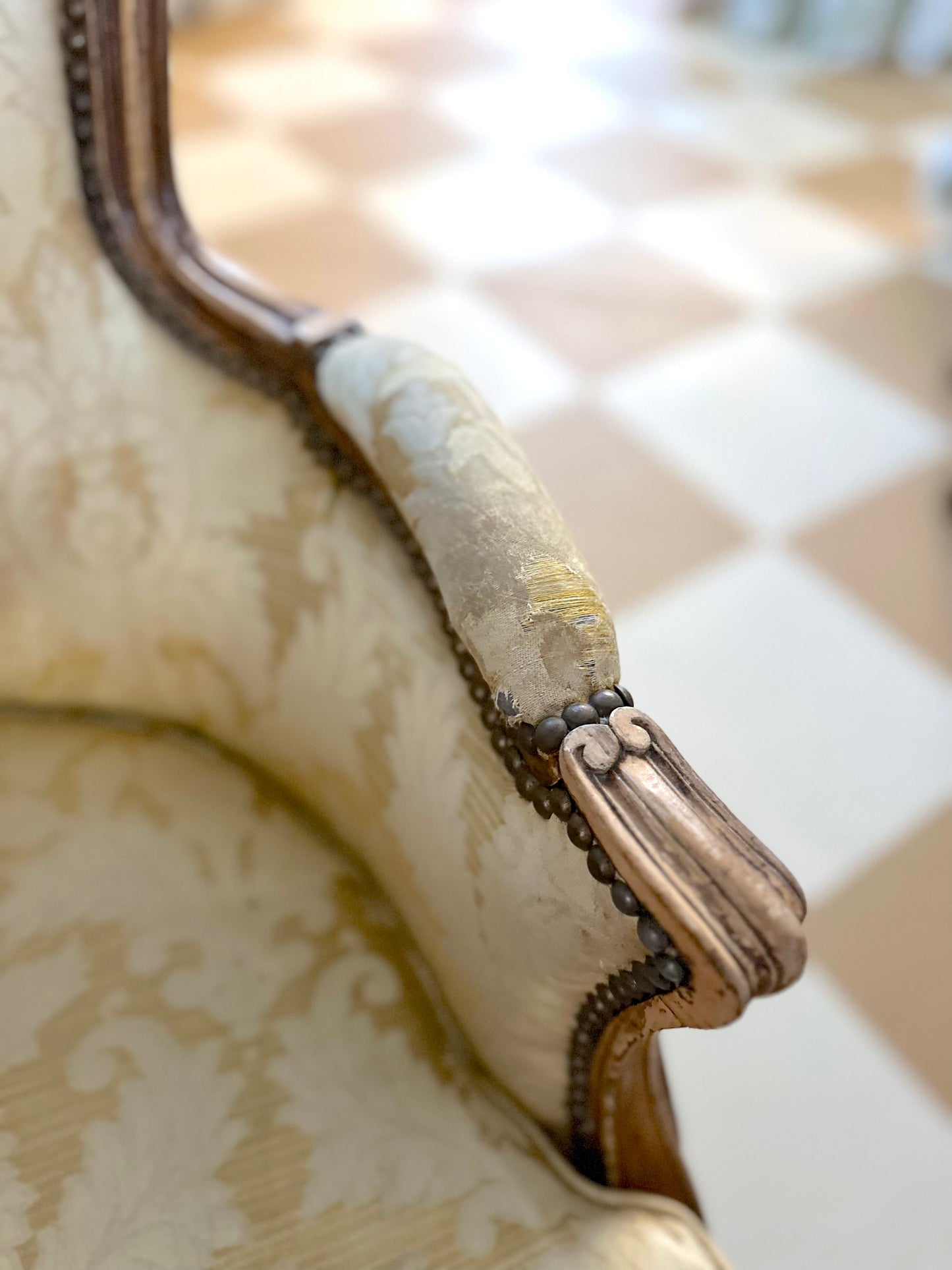 Pair of Antique French Tub Chairs with Silk Damask Upholstery