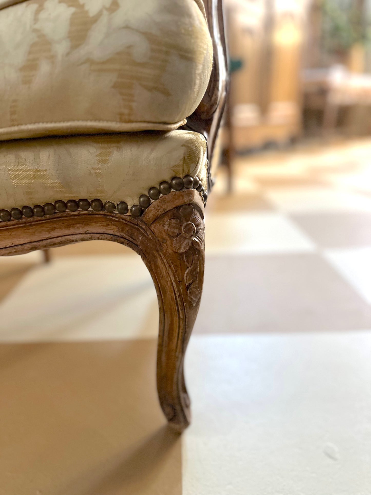 Pair of Antique French Tub Chairs with Silk Damask Upholstery