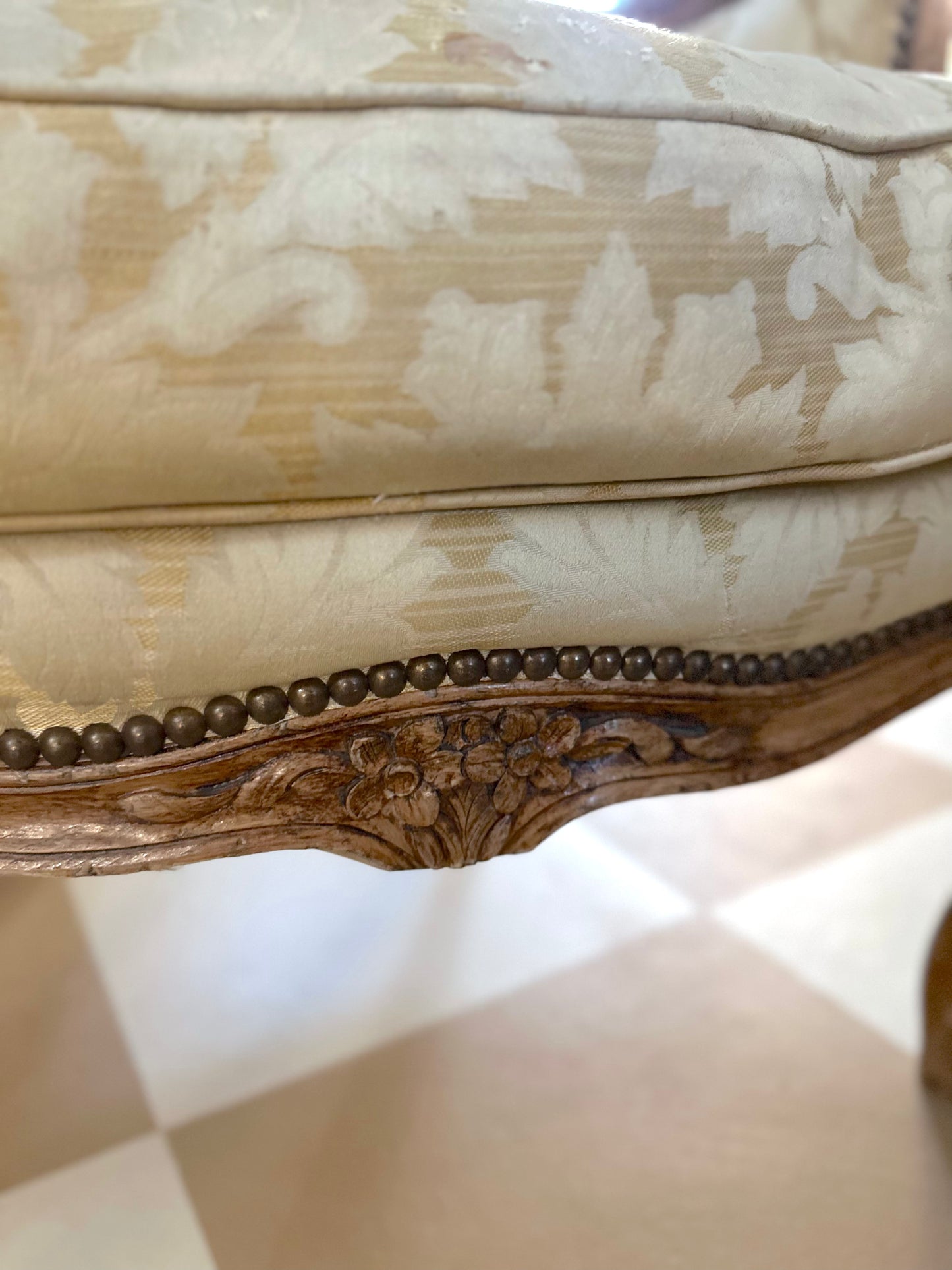 Pair of Antique French Tub Chairs with Silk Damask Upholstery