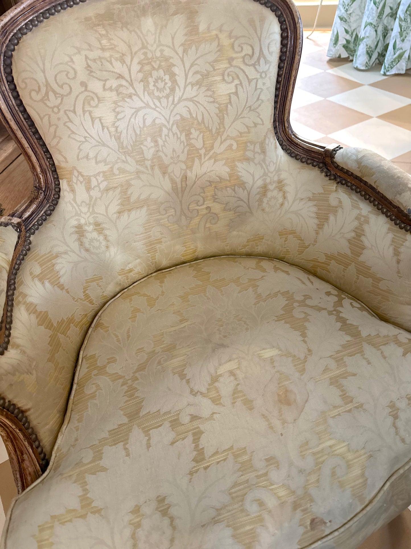 Pair of Antique French Tub Chairs with Silk Damask Upholstery