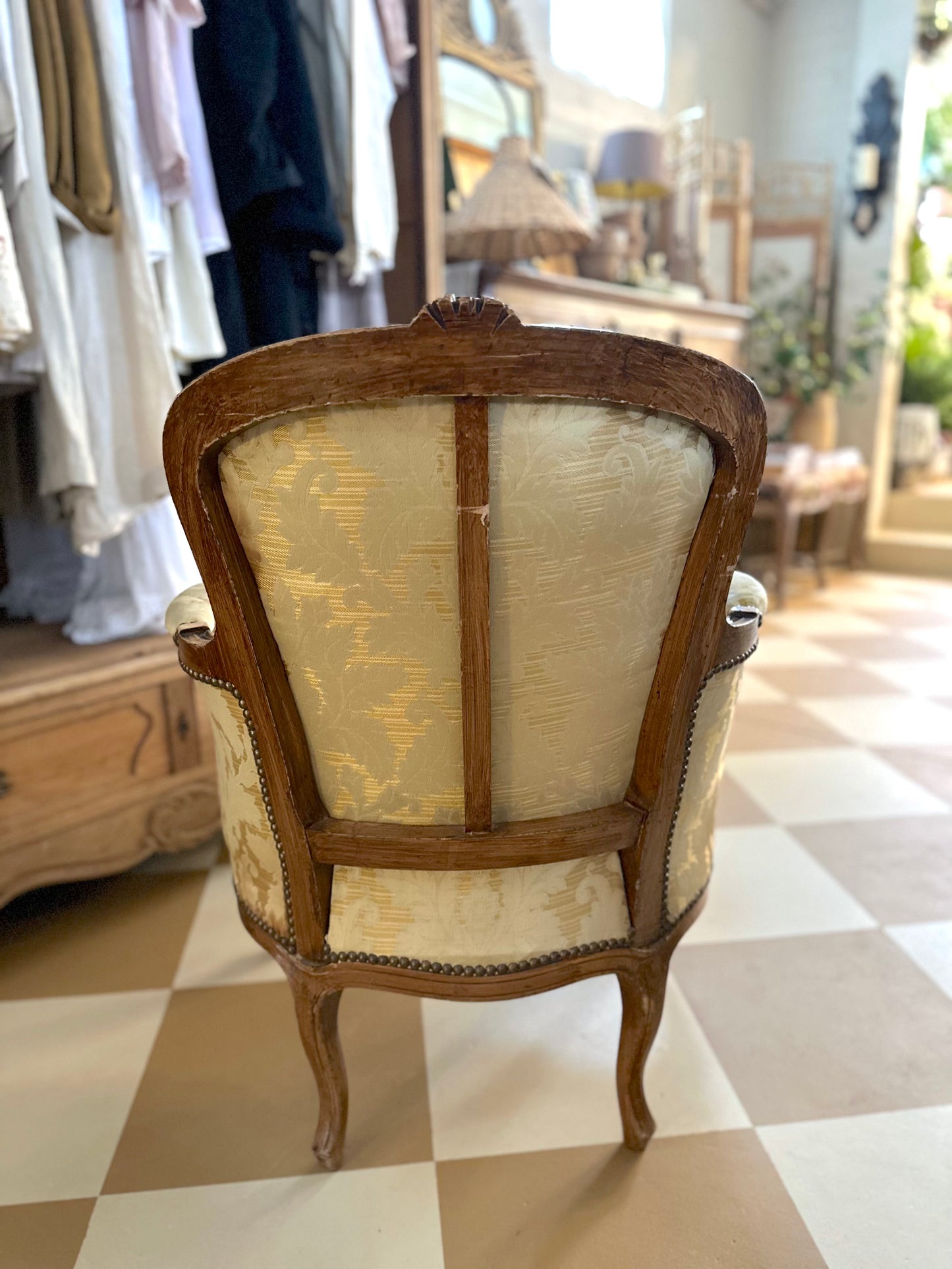 Pair of Antique French Tub Chairs with Silk Damask Upholstery
