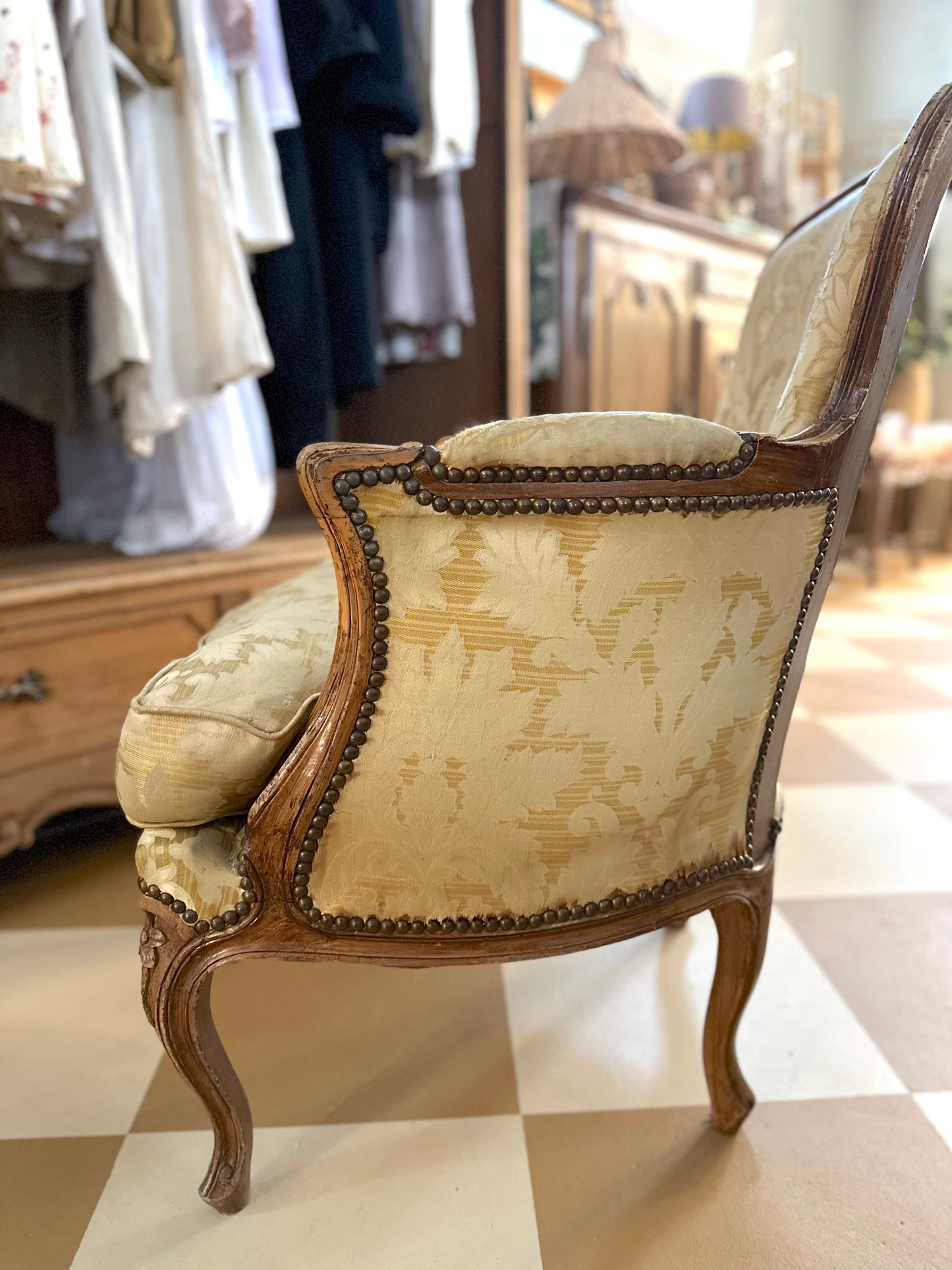 Pair of Antique French Tub Chairs with Silk Damask Upholstery