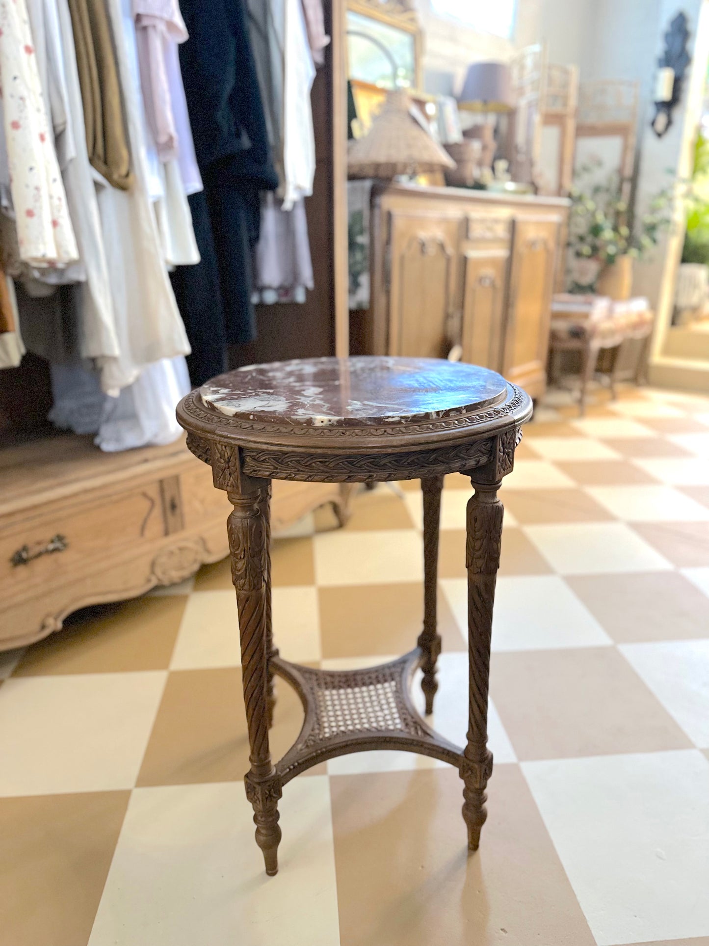 Antique Round Rouge Marble Side Table