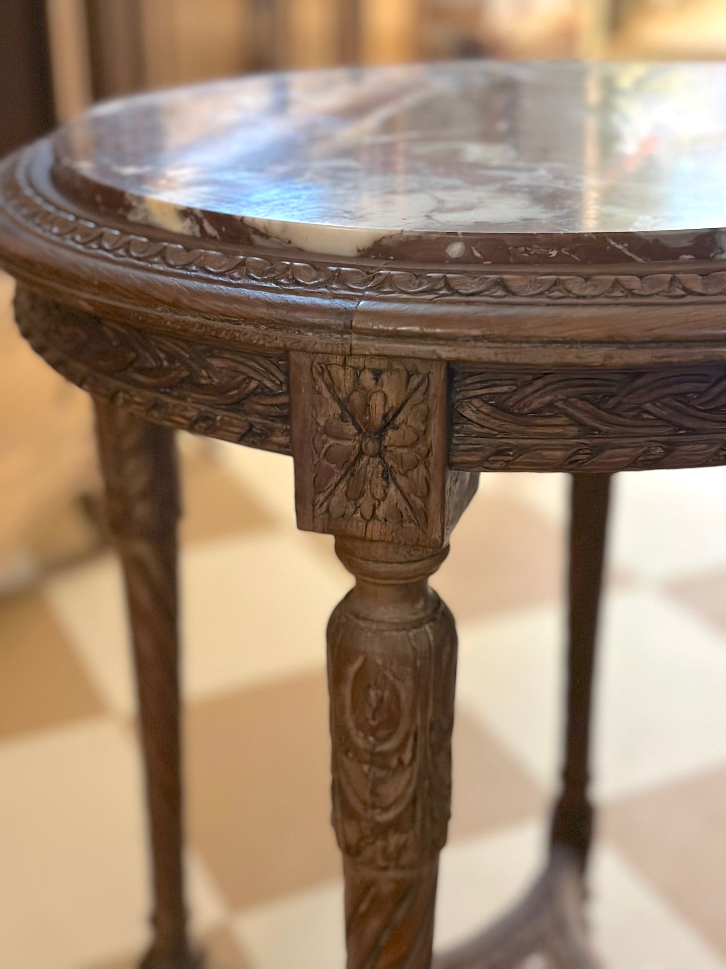 Antique Round Rouge Marble Side Table