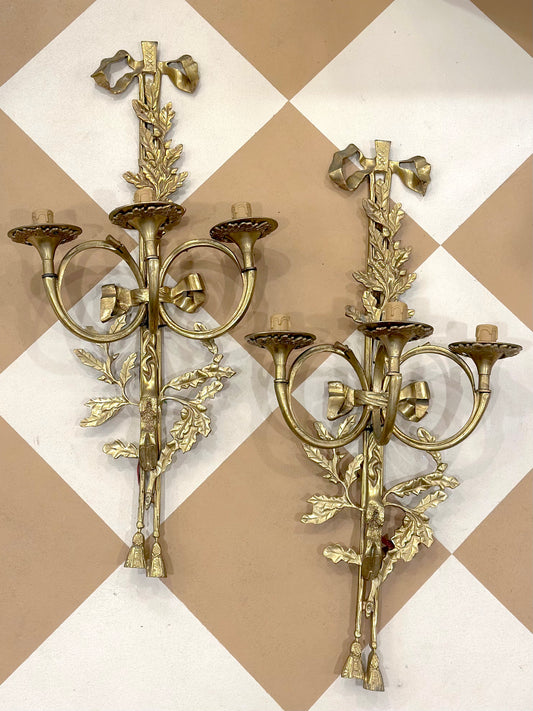 Antique French Pair Of XL Brass Oak Leaf Wall Sconces