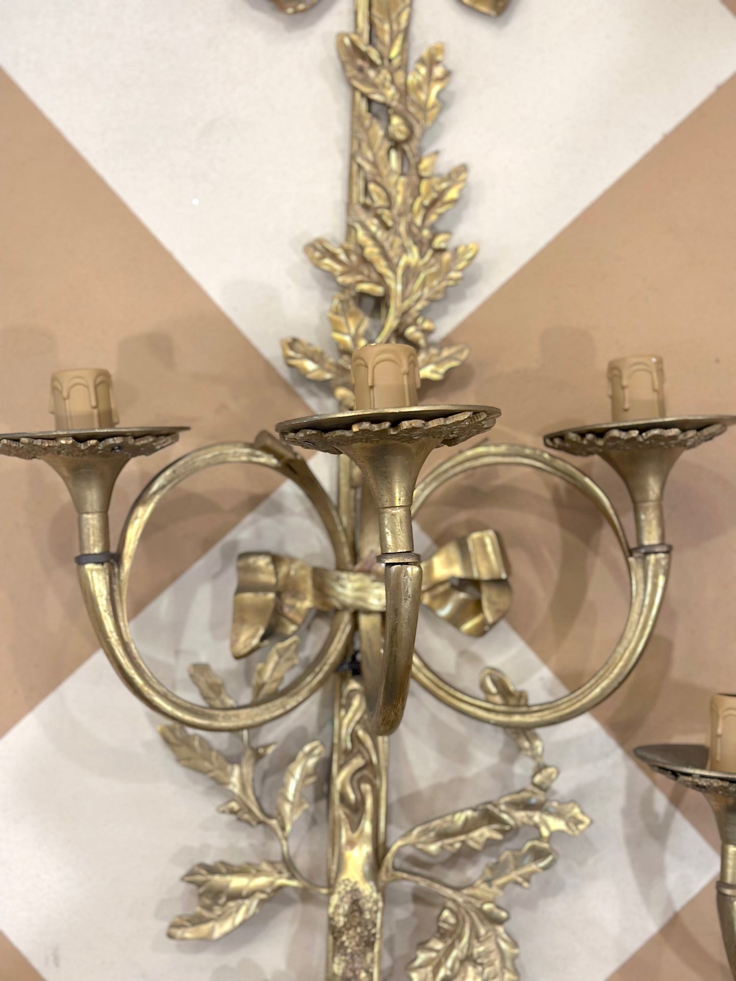 Antique French Pair Of XL Brass Oak Leaf Wall Sconces