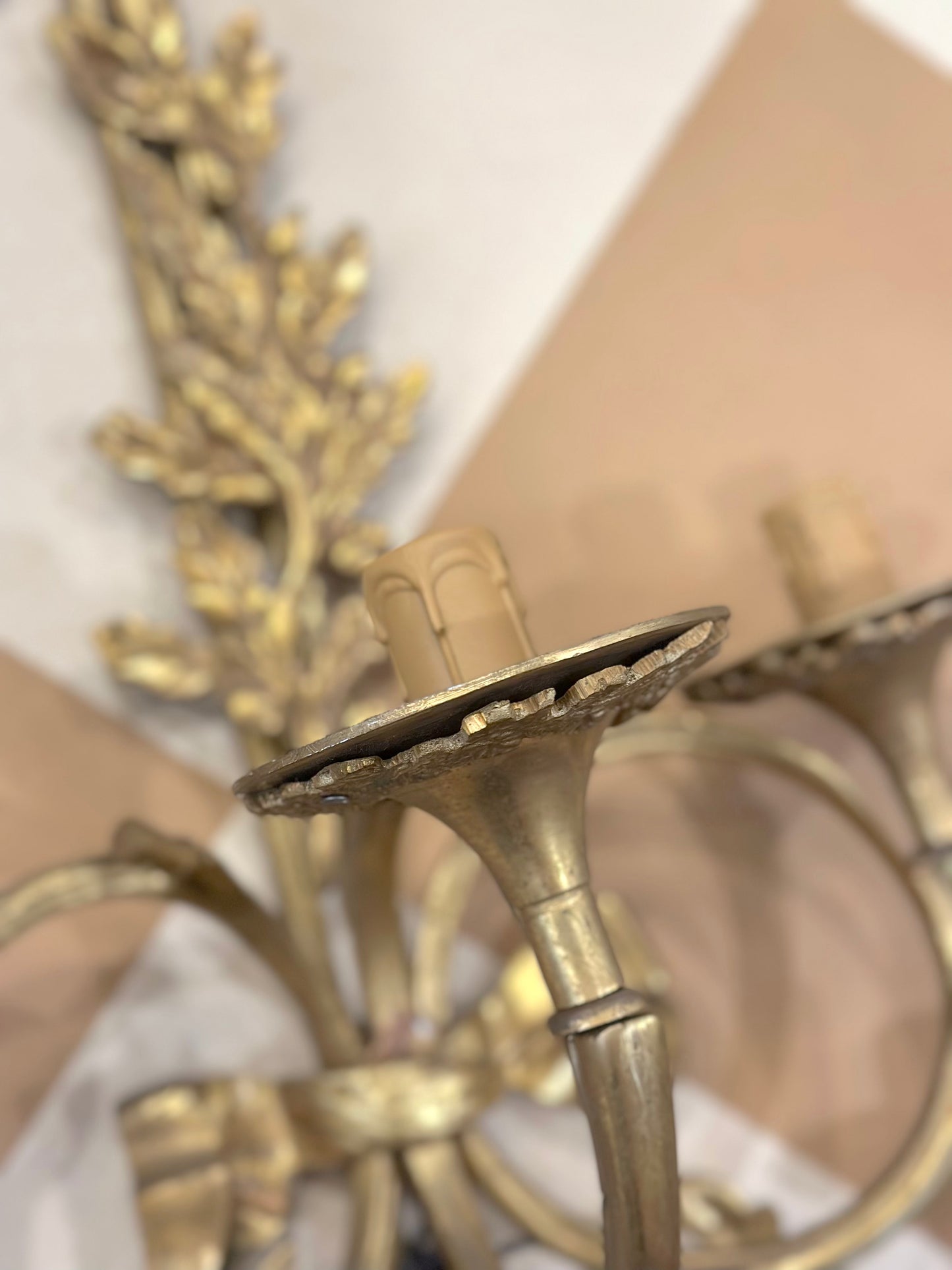 Antique French Pair Of XL Brass Oak Leaf Wall Sconces