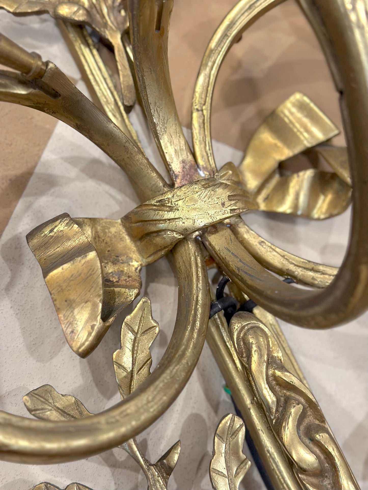 Antique French Pair Of XL Brass Oak Leaf Wall Sconces