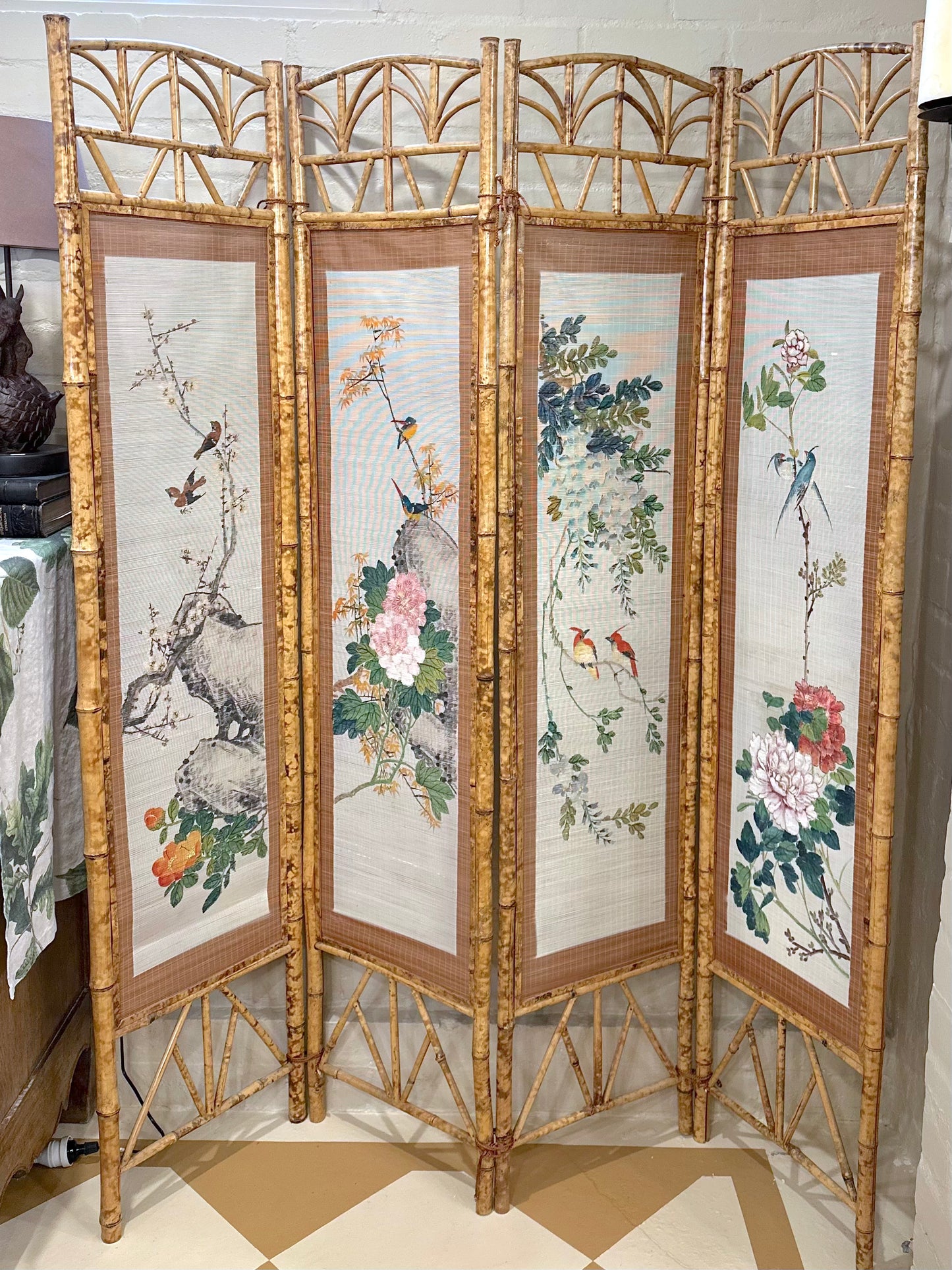 Vintage French Floral Painted Bamboo Divider Screen