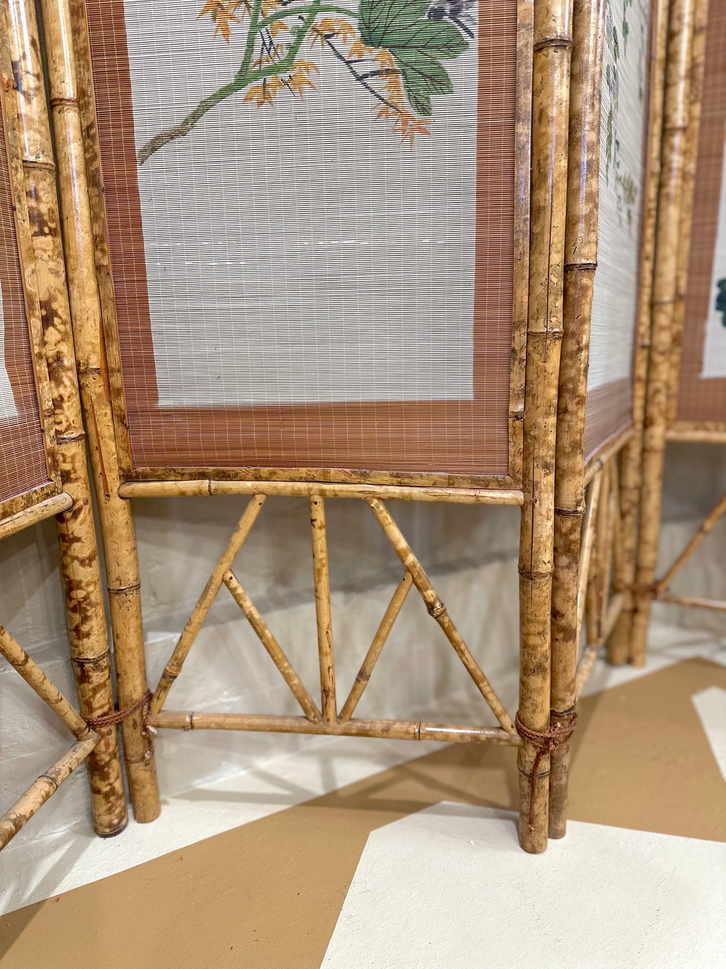 Vintage French Floral Painted Bamboo Divider Screen