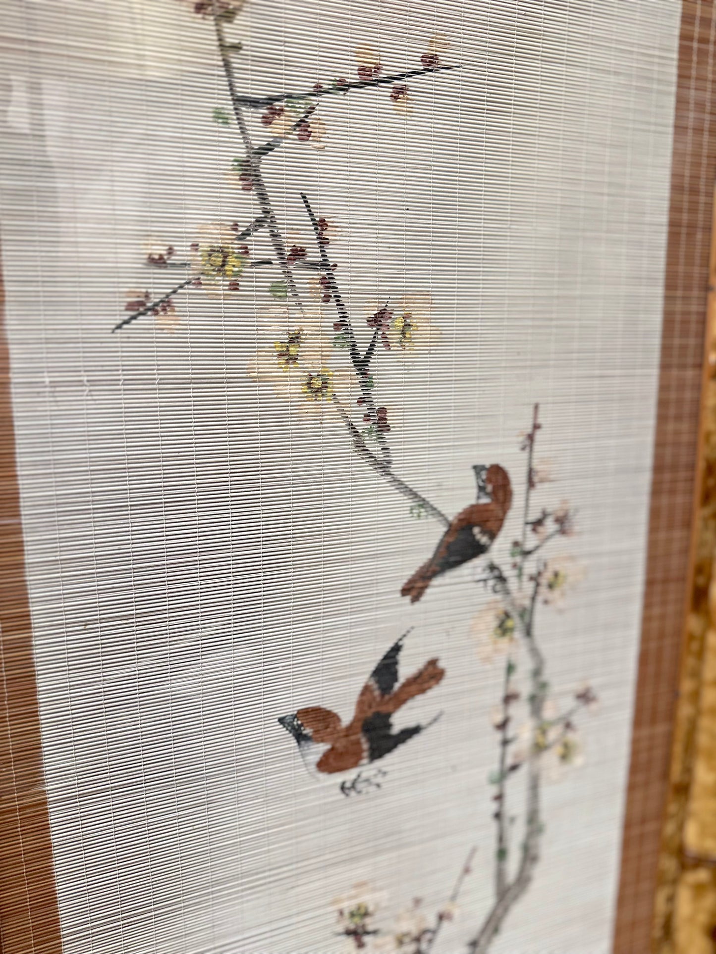 Vintage French Floral Painted Bamboo Divider Screen