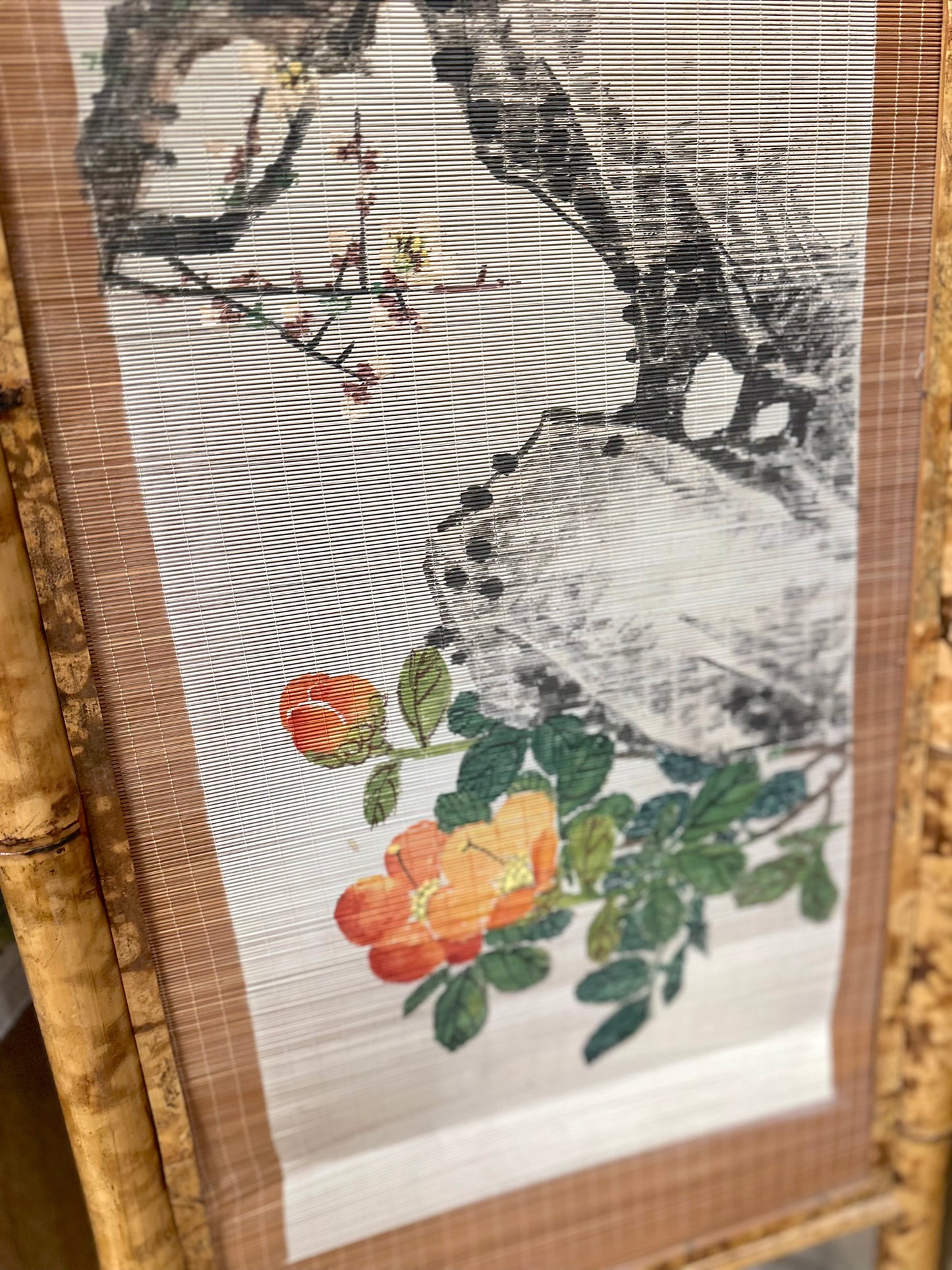 Vintage French Floral Painted Bamboo Divider Screen